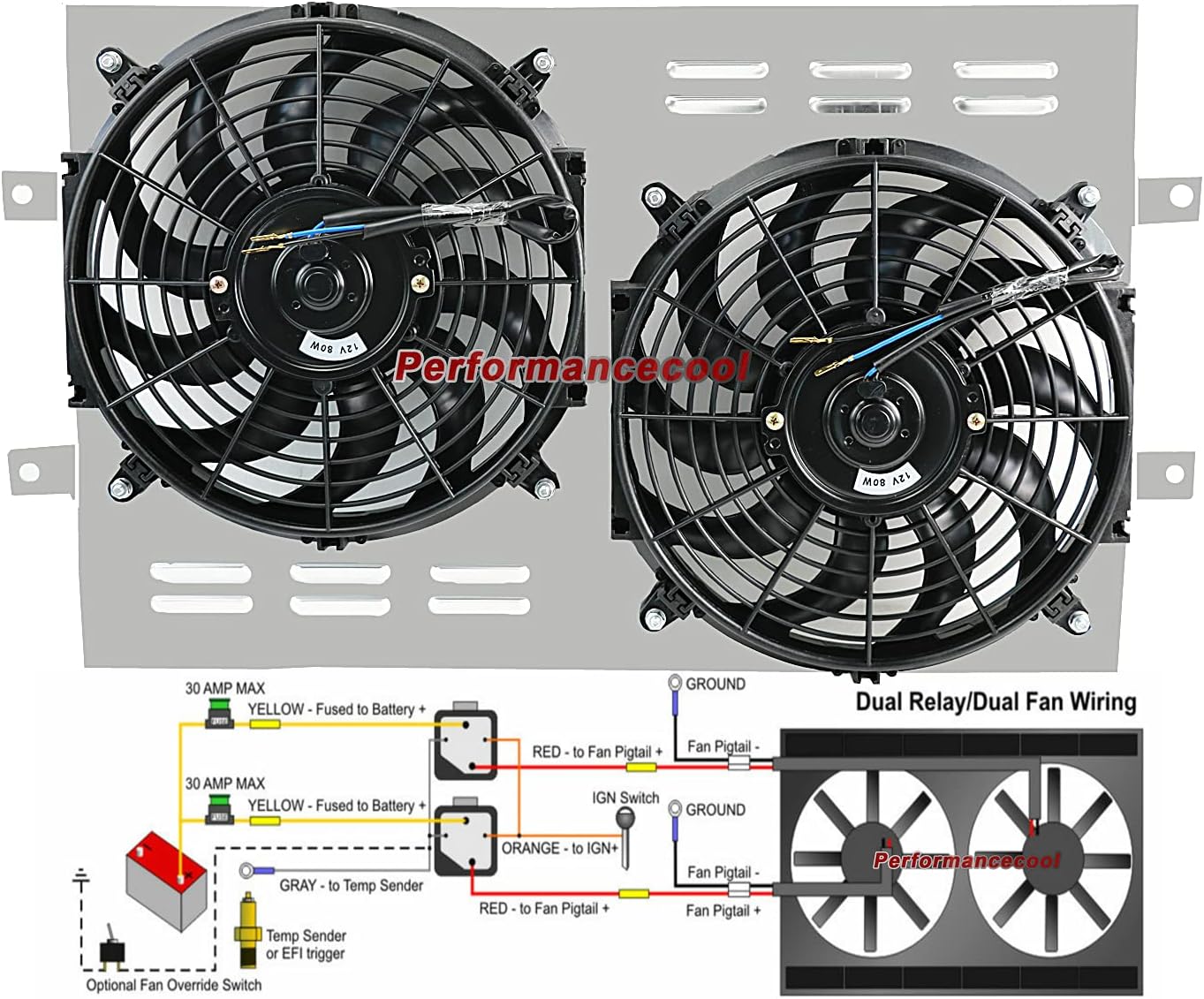 ECMRAD 4 Rows Core Aluminum Radiator for 1963-68 Chevy IMPALA/1964-1967 EL CAMINO CHEVELLE +Shroud Fans+Thermostat Relay Kit