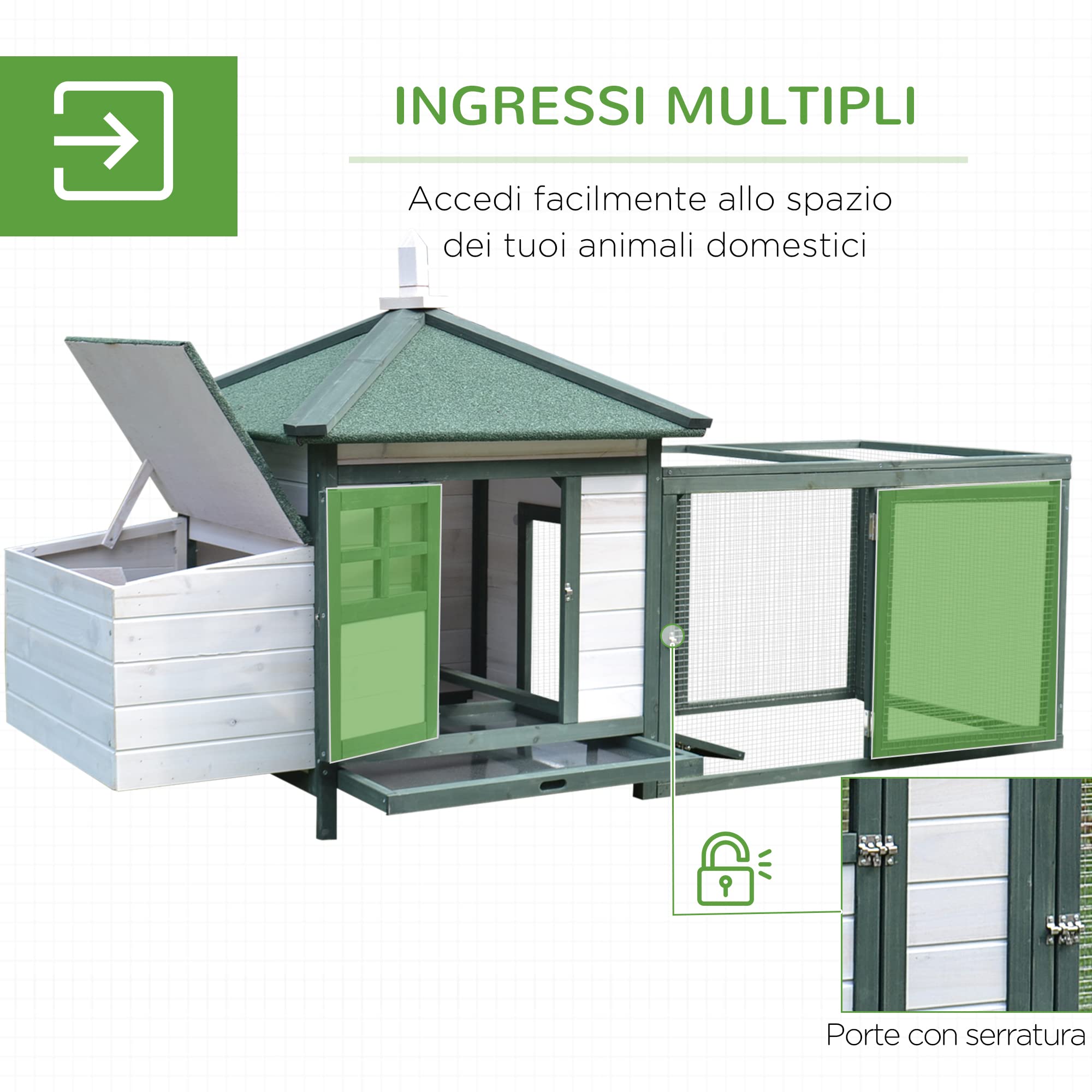 PawHut Pollaio in Legno con 1 Nido, Pollaio per Galline da Esterno con Tetto Impermeabile, Vassoio Estraibile e Porta, Casetta per 1-2 Galline, Anatra, Giardino, 196x76x97 cm, Bianco e Verde