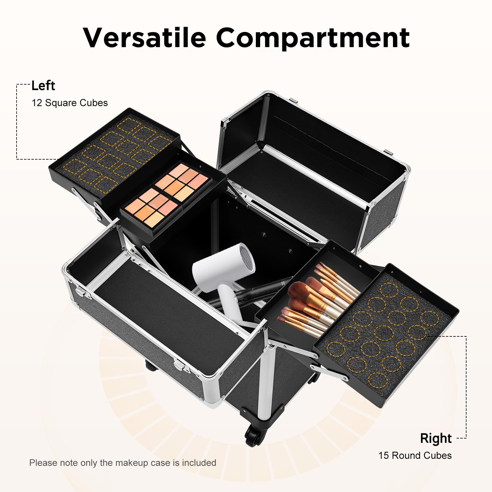 Walizka na kosmetyki, walizka na kółkach, rozszerzona walizka na kosmetyki z uchwytem, walizka fryzjerska, walizka na kosmetyki, z możliwością rozszerzenia, 4 uniwersalne kółka., czarny, Prostota