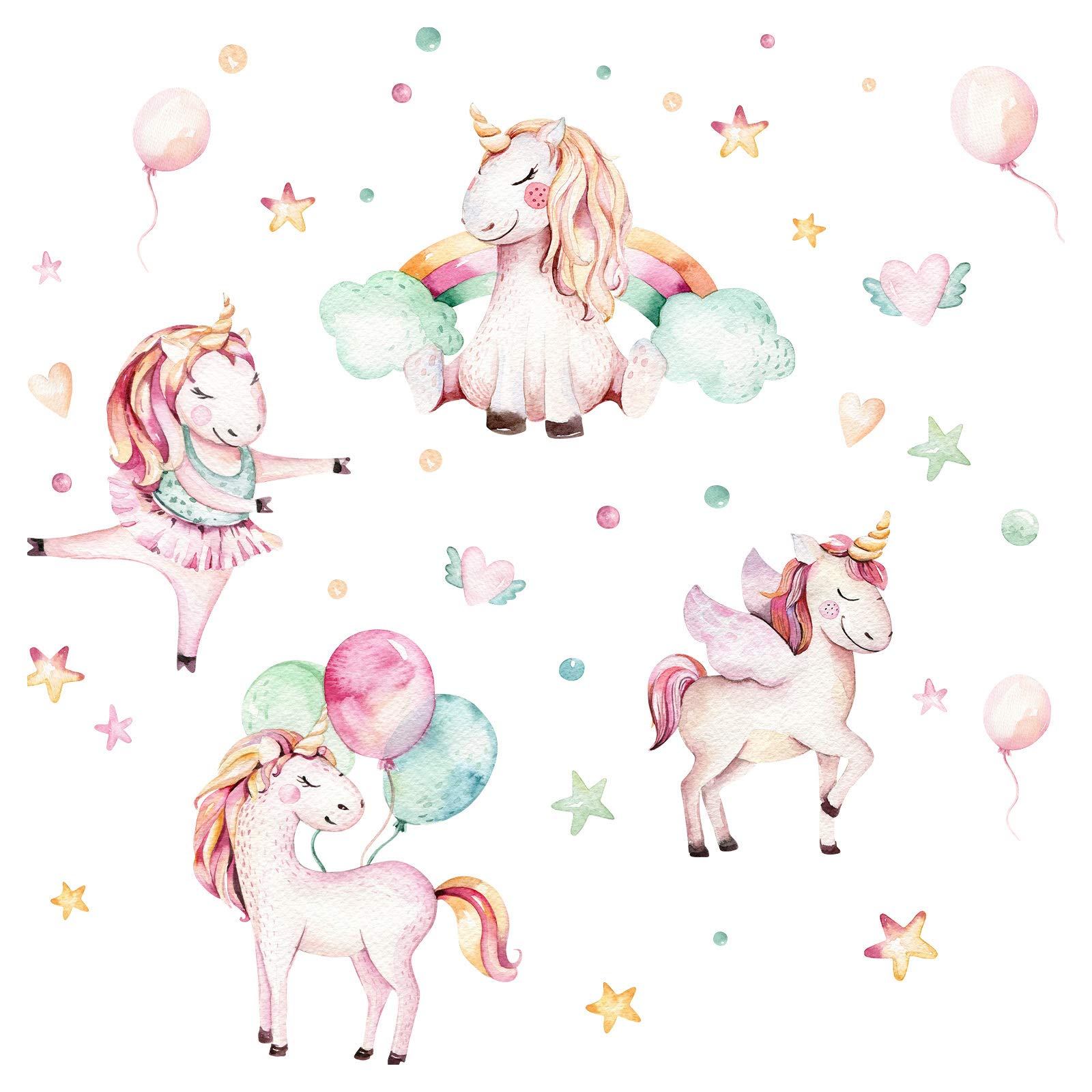 Sticker mural licorne Little Deco 101 x 63 cm aux motifs poétiques de ballons et étoiles