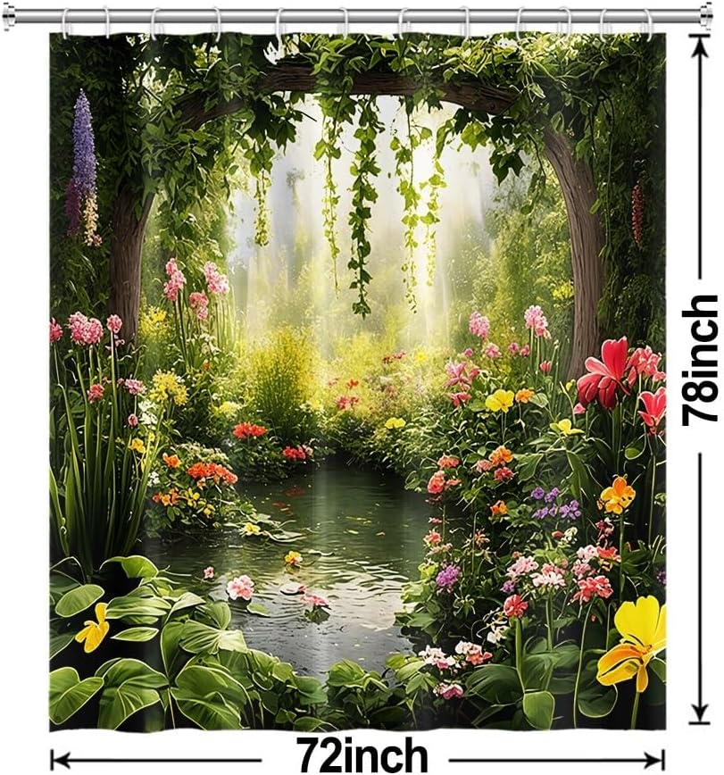 Enchanted Forest Shower Curtain, Nature Green Botanical Shower Curtains with Hooks Spring Floral and Leaves Waterproof Bathroom Decor, 72x78 inch