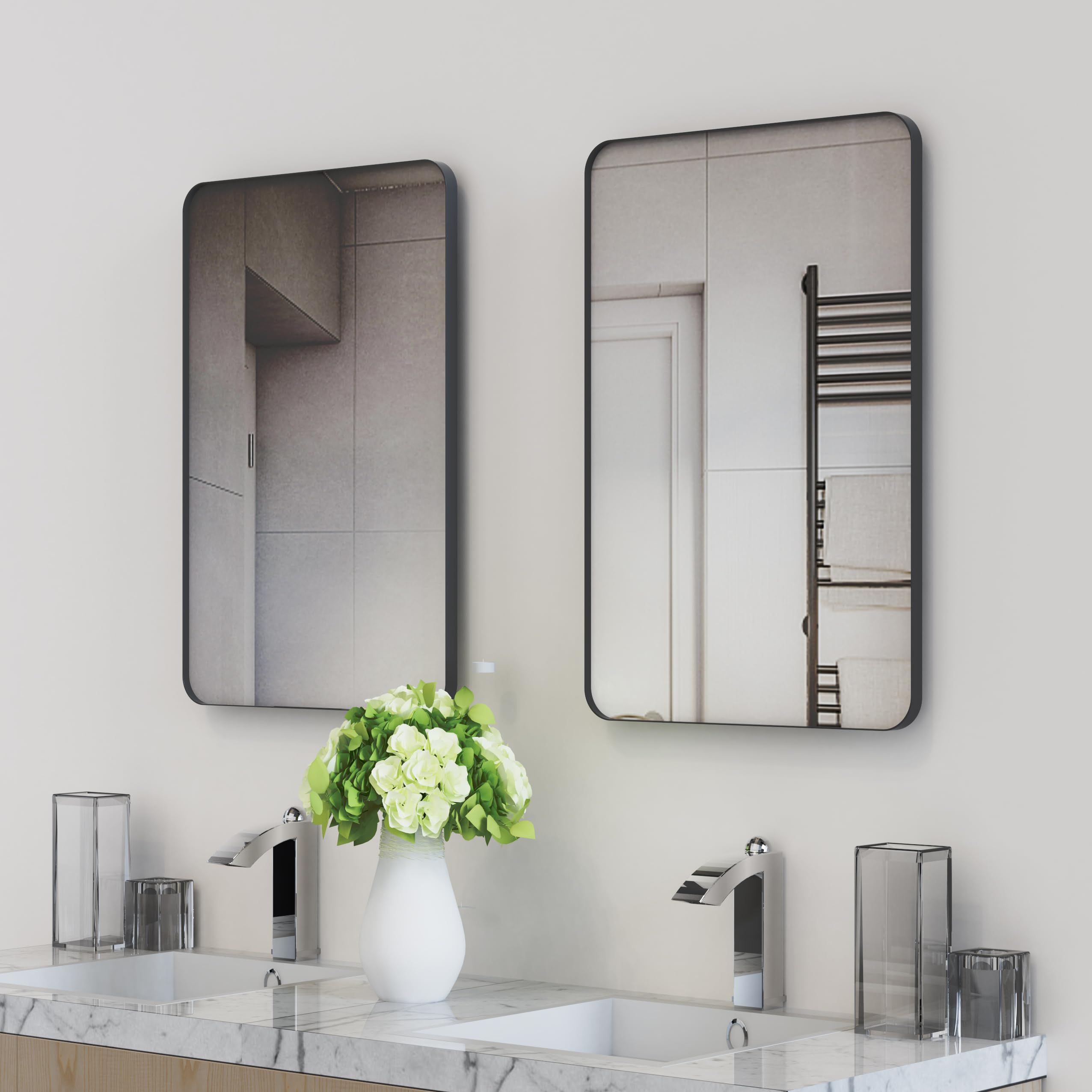 2-Pack Black Bathroom Mirrors 24 x 36 Inch, Metal Framed Rounded Rectangle Wall Vanity Mirror Modern Farmhouse, 1/4-inch Shatterproof Glass | Ultra-Flush Hanging