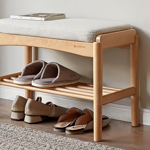 Miniatura 7 de Banco de zapatos de madera maciza montado, banco de zapatos con cojín para entrada, sala de estar, dormitorio, pasillo, 11.8 x 23.6 x 16.5 pulgadas,
