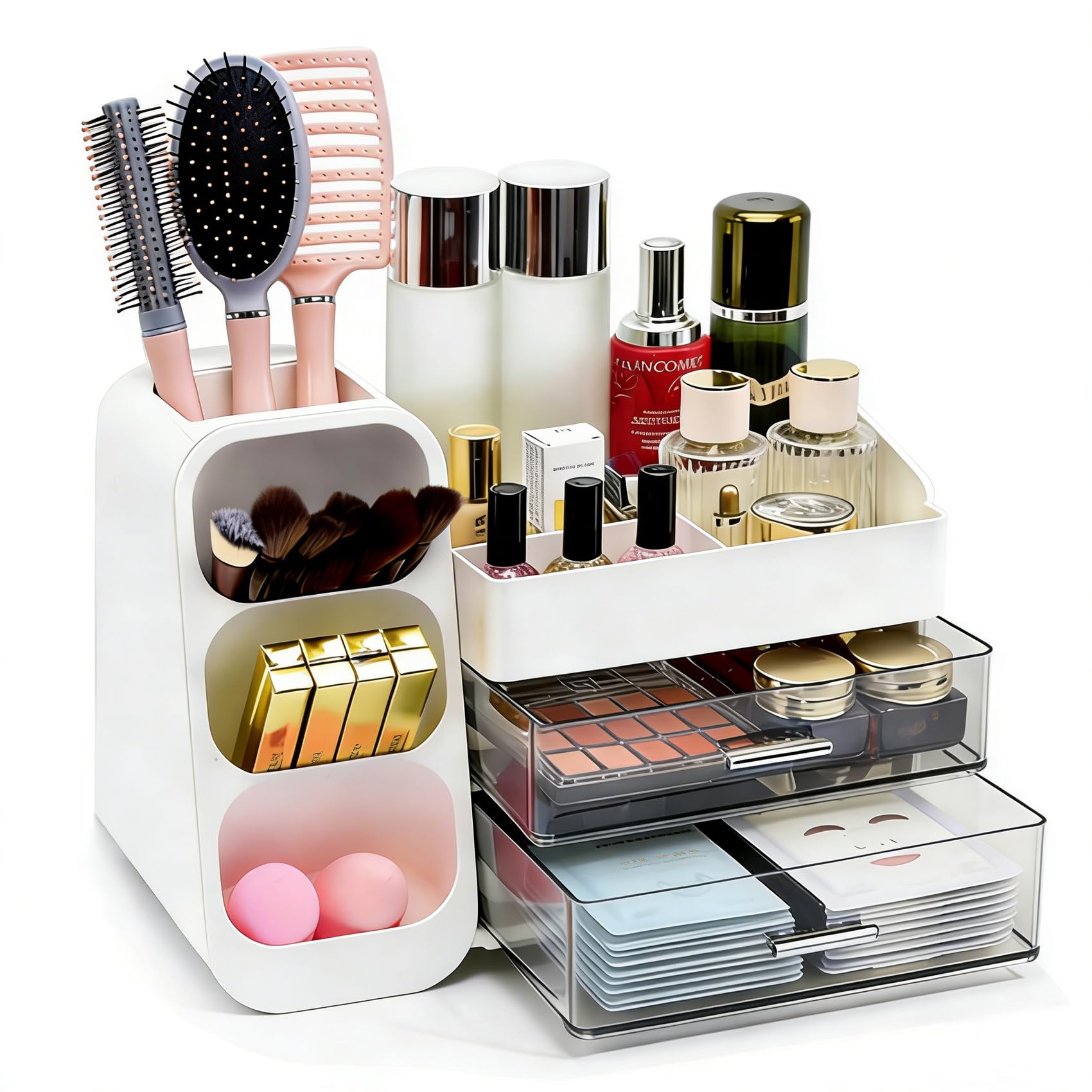 Makeup Organizer Countertop, Spacious Cosmetic Display Case with Makeup Brush Holder, Perfect Vanity Bathroom Organizer and Storage, White