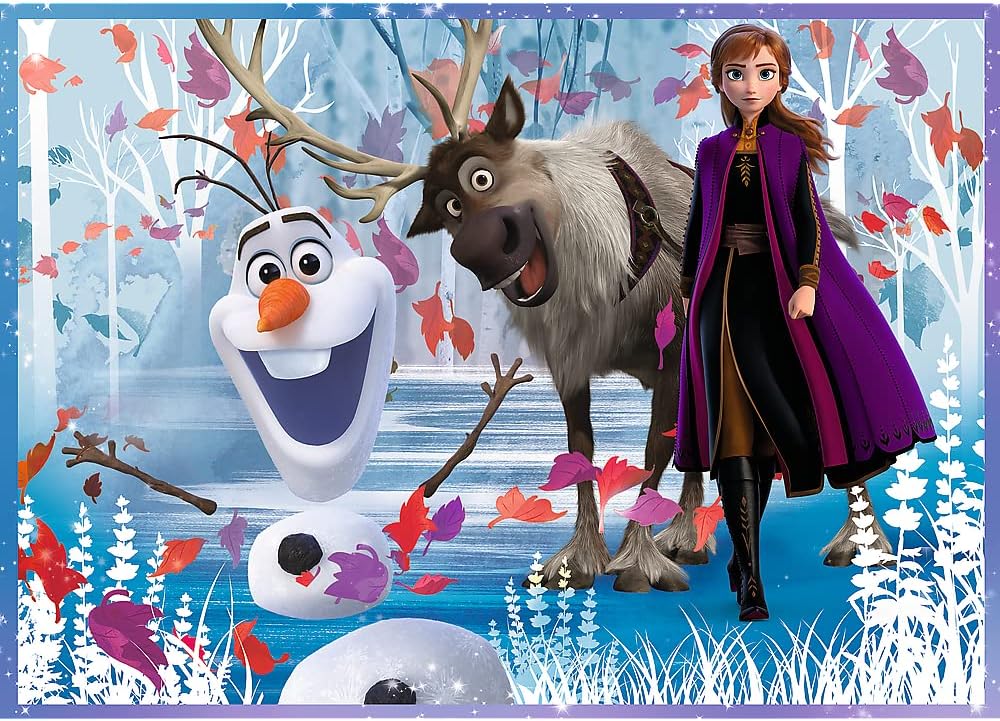 Assembled 35-piece puzzle featuring Olaf, Sven, and Anna from Frozen 2.