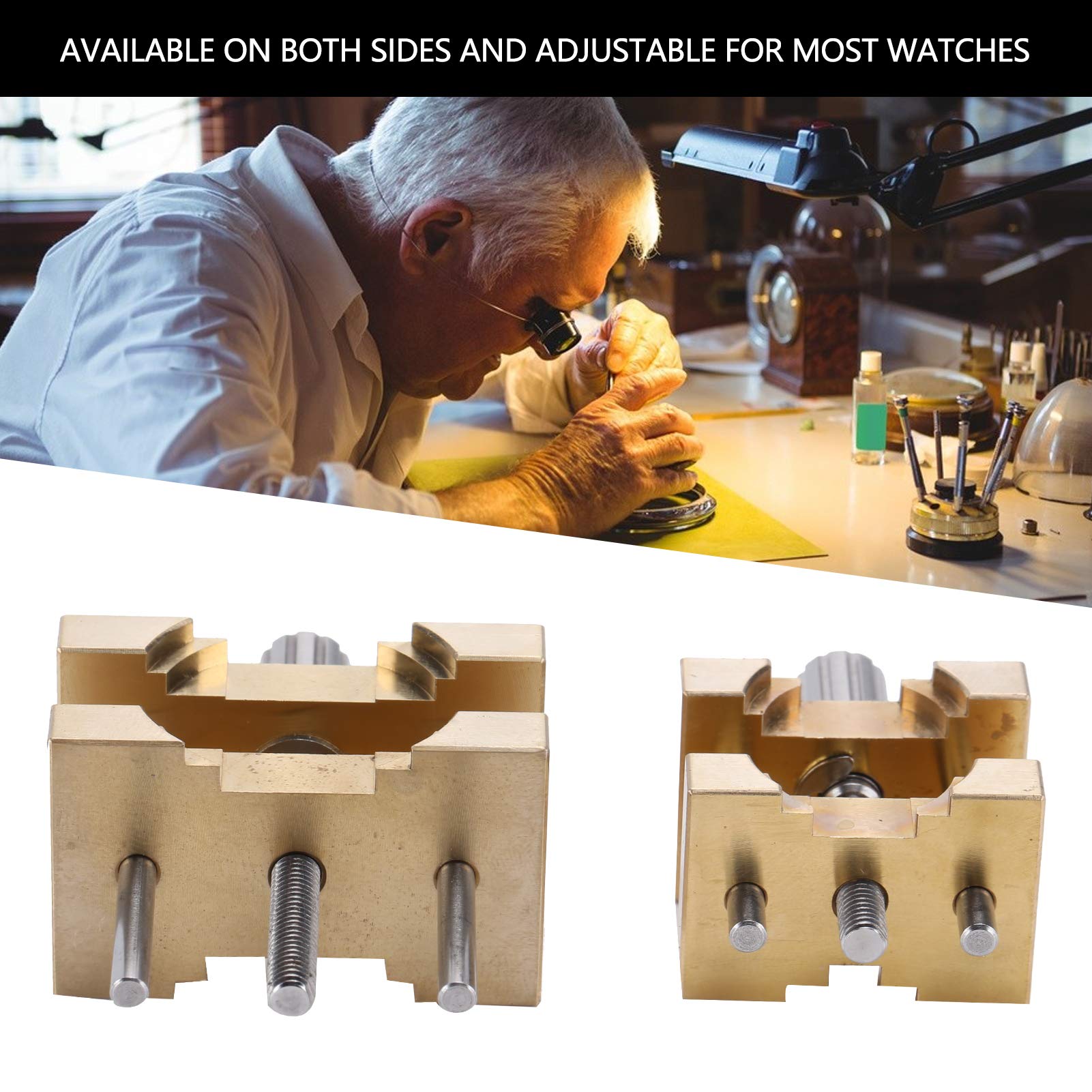 Uhrenbewegungs-Halter mit fester Basis, professionelles Kupfer-Werkzeugzubehör für die Uhrenreparatur, verstellbare doppelseitige Halterung für kleine und große Uhren, kompaktes