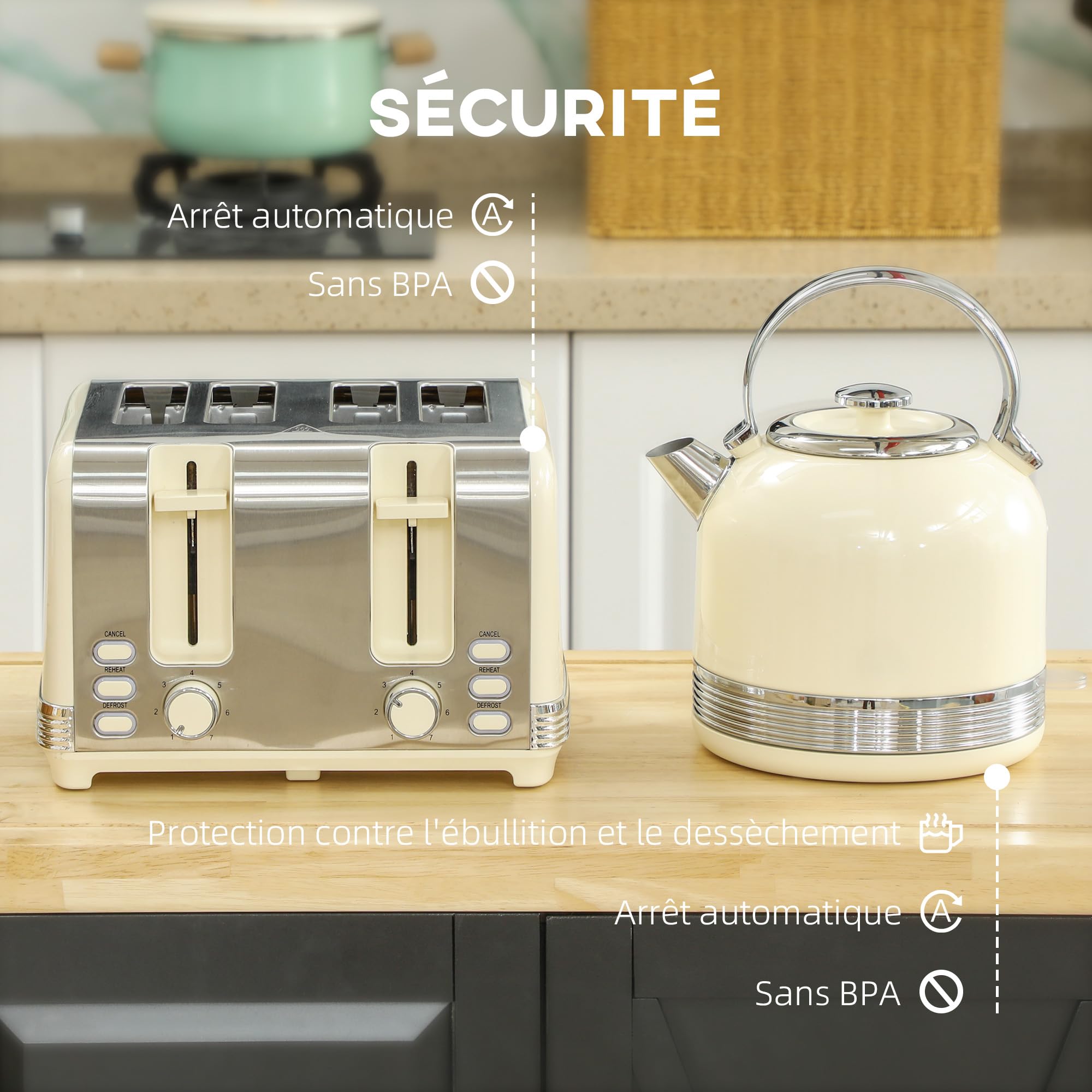 HOMCOM Ensemble bouilloire et grille-pain 2200 W, bouilloire inox 1,7 L, grille-pain 4 tranches, 7 niveaux brunissage, crème