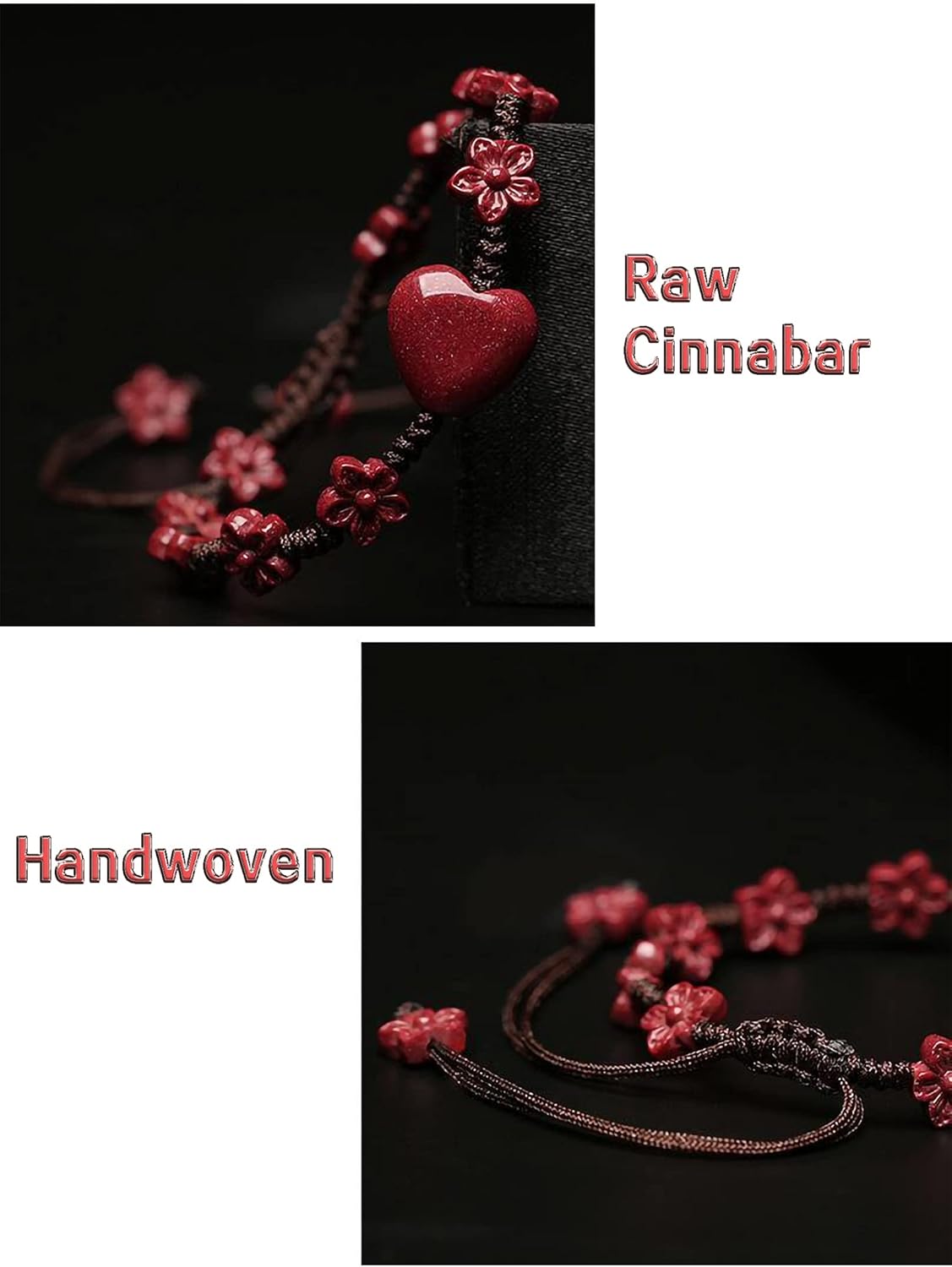 Natural Cinnabar Bracelet, Adjustable Handmade Braided Rope Prosperity Flowers Good Lucky Red Heart Shaped Charm Bracelet for Women Men