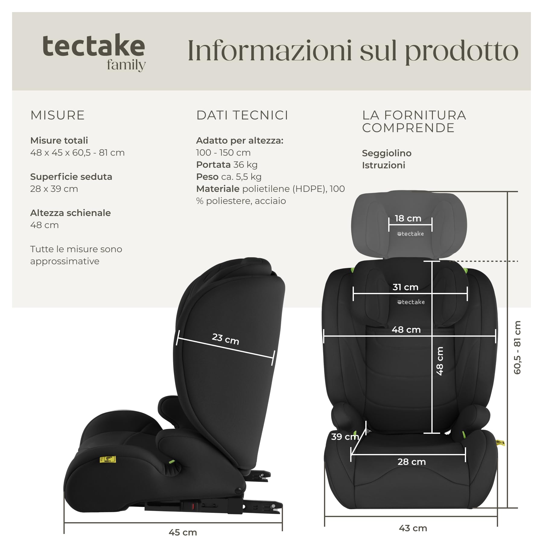 tectake® Seggiolino Auto i-Size con ISOFIX, Omologazione ECE R129, Protezione Impatti Laterali, Altezza Regolabile 100-150cm, Rivestimento Lavabile, carico max 36kg, cintura sicurezza 3 punti - Nero
