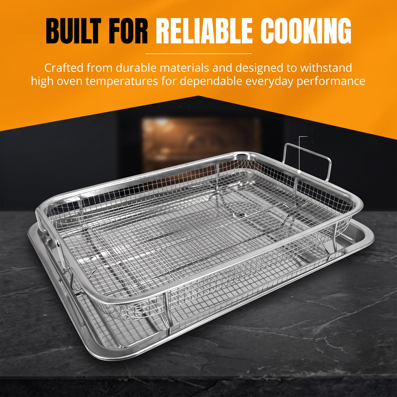 Karomouj 2-Piece Stainless Steel Air Fryer Crisping Basket & Baking Tray Set | Non-Stick Mesh Baking Rack for Oven | Ideal for Crispy Fries, Chicken, Fish, Vegetables & Dehydrating | Silver — Amazon image 4