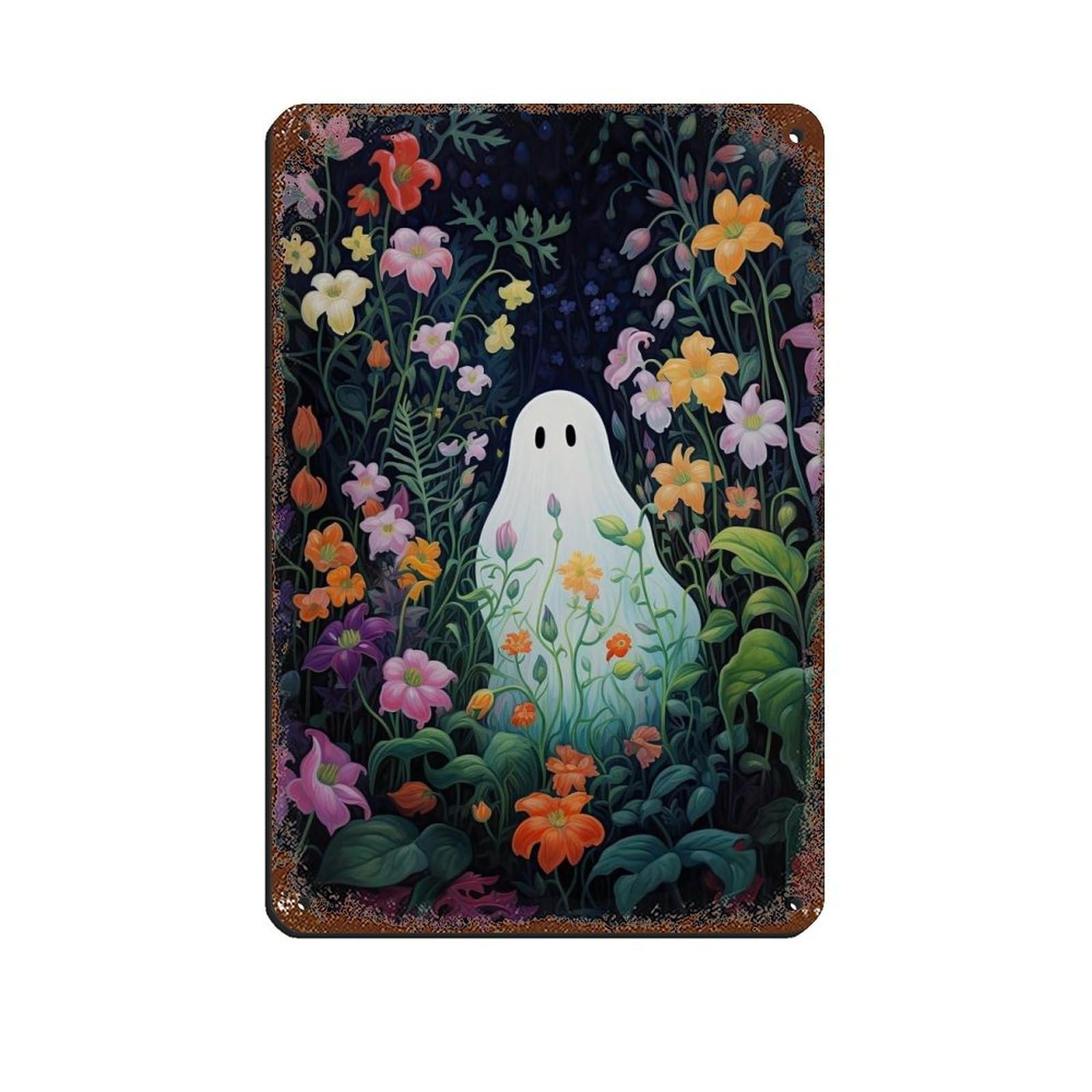 Ghost in The Flower Forest Poster, Spooky Art (2) Retro Poster Metal Tin Sign Chic Art Retro Iron Painting Bar People Cave Cafe Family Garage Poster Wall Decoration 8x12inch(20x30cm)