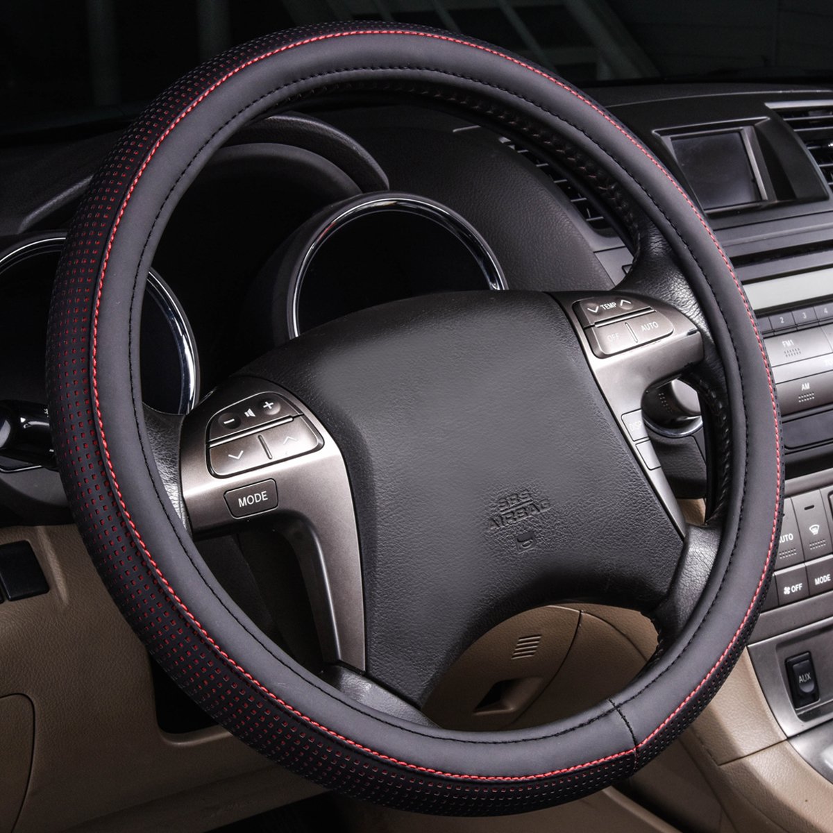 CAR PASS Universal Leather Steering Wheel Cover Double Layers Cool Car Steering Wheel with Perforated Breathable Design, Fit for Cars,Suvs,Sedans,Trucks (Red)