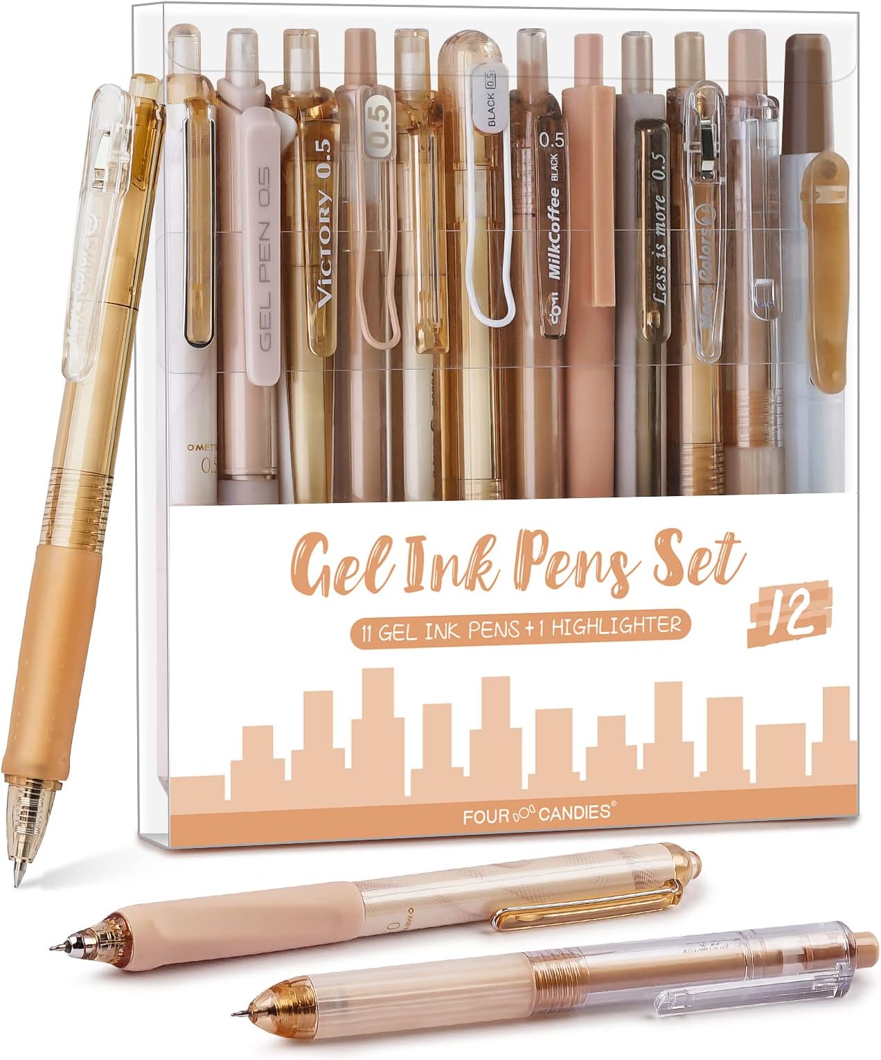 Four Candies Moor Series Gel Pens, Aesthetic Black & Brown Ink Pens with 0.5 mm Fine Point, Boho School Office Supplies Neutral Beige Desk Accessories, Set of 12