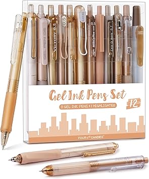 Four Candies Moor Series Gel Pens, Aesthetic Black & Brown Ink Pens with 0.5 mm Fine Point, Boho School Office Supplies Neutral Beige Desk Accessories, Set of 12