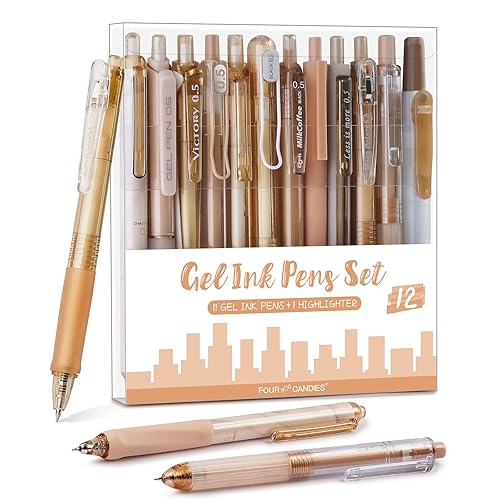 Four Candies Moor Series Gel Pens, Aesthetic Black & Brown Ink Pens with 0.5 mm Fine Point, Boho School Office Supplies Neutral Beige Desk Accessories, Set of 12 - Brown