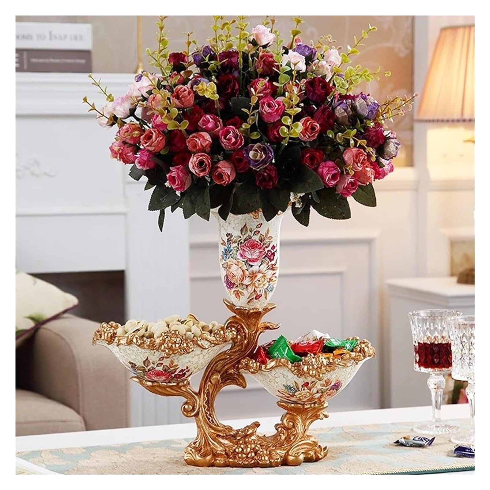 Grand vase à fleurs élégant en résine sculptée blanche pour centre de table chic
