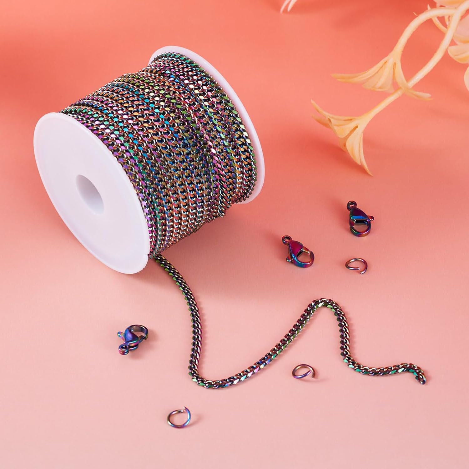 16.4 Feet Stainless Steel Curb Rainbow Chain Colorful Twisted Links Cable Necklace Chains with Lobster Claw Clasps Jump Ring 4x3x0.8mm for Bracelets Jewelry Making Choker DIY Cowboy Decor - Image 5