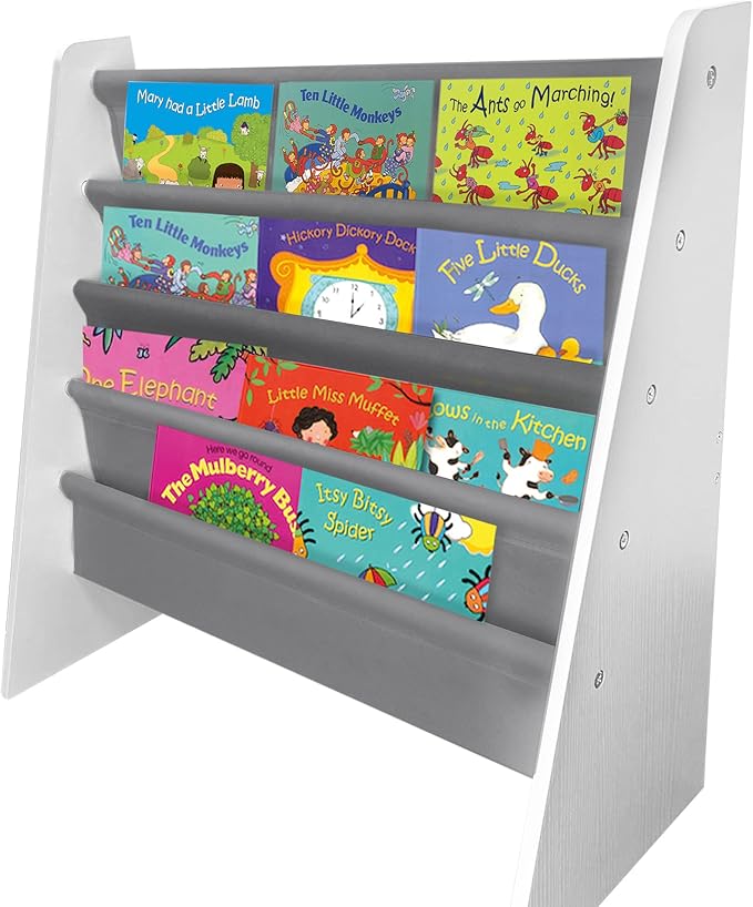Kids Childrens Book Shelf Wooden Sling Storage Rack Organizer Bookcase 4 Tier Fabric