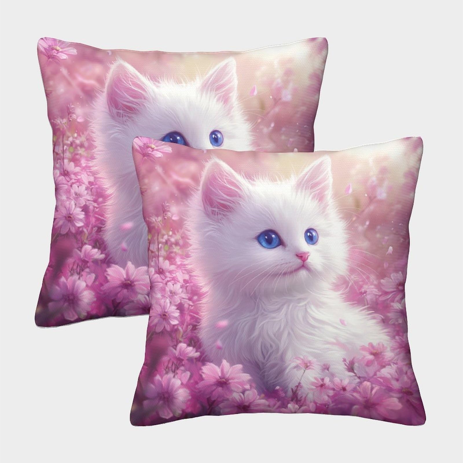 kaiyun 2 Pack Cute Blue-eyed Kitten 3D Image Pink Flower Field Printed Single-sided Cushion Cover 40x40cm