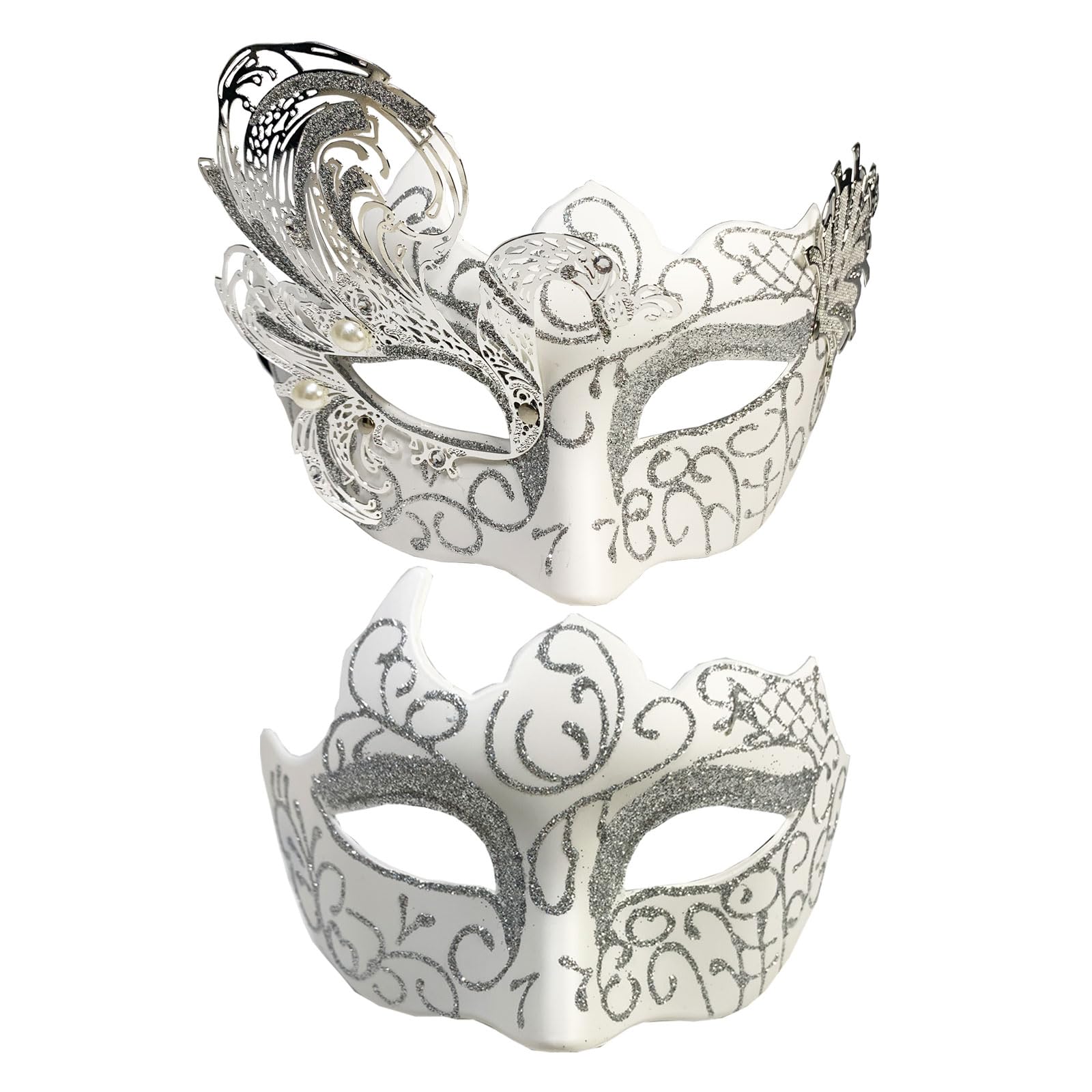 Yimianshou Masquerade Couples Set - Mardi Gras Mask for Woman and Men, Venetian Masquerade Ball (Pearl Set-White)