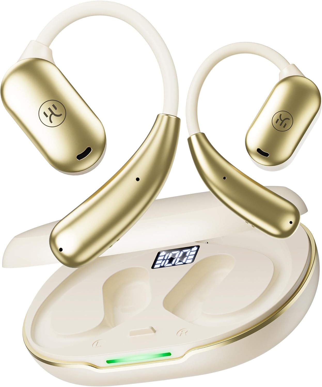 Kinglucky Open-Ear Headphones with Ear Hooks Bluetooth Earphones with Microphone Call, Enc Noise Cancelling, with Smart Digital Display, Air Conduction Wireless Headset Running, Cycling, Driving