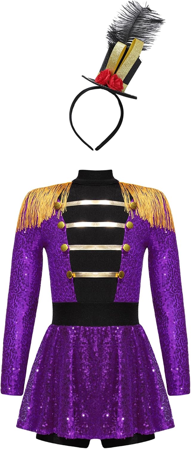 Kids Girls Shiny Sequins Circus Ringmaster Jumpsuit Performance Dress Marching Band Uniform Outfit