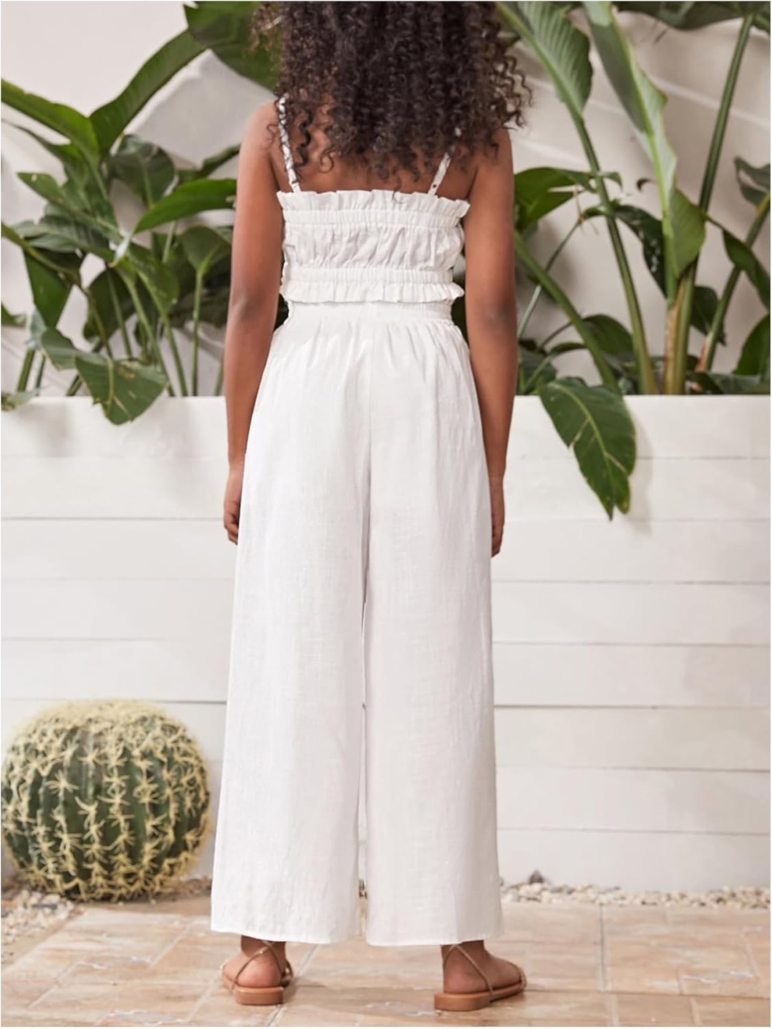 Floerns Girl's 2 Piece Set Ruffle Trim Cami Tops with Paperbag Waist Wide Leg Pants - Image 3