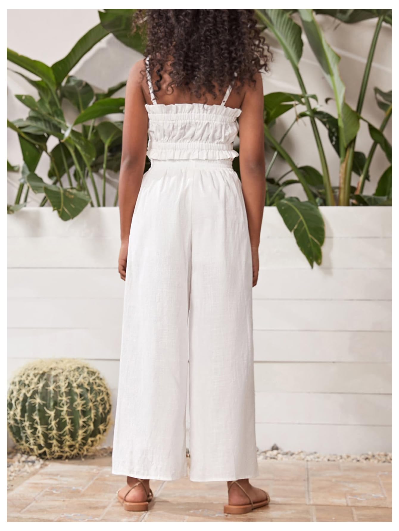 Floerns Conjunto de 2 piezas para niña con volantes y pantalones de pierna ancha con cintura paperbag