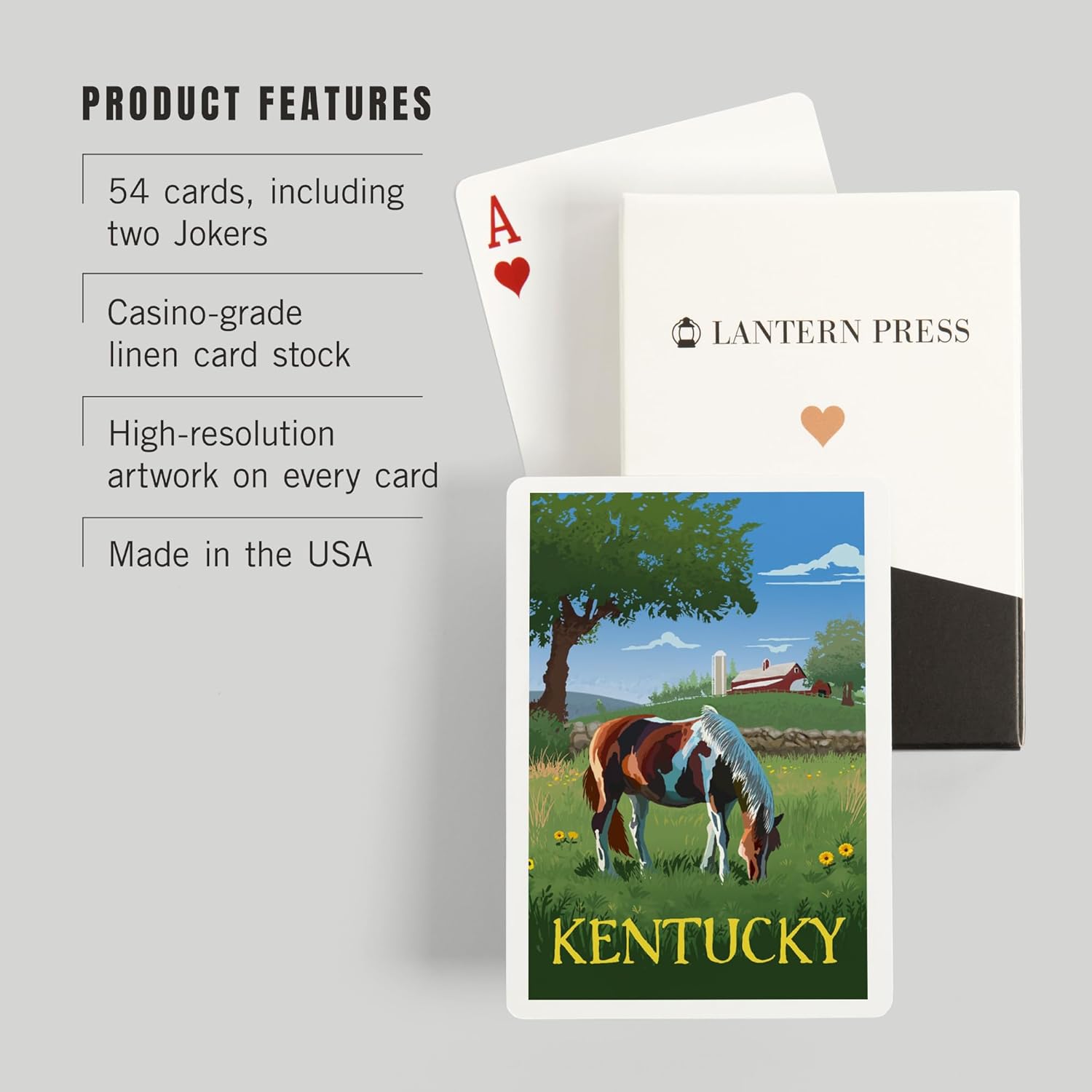 Lantern Press Kentucky, Horse in Field, 52 Playing Cards for Adults, Poker Size Card Deck