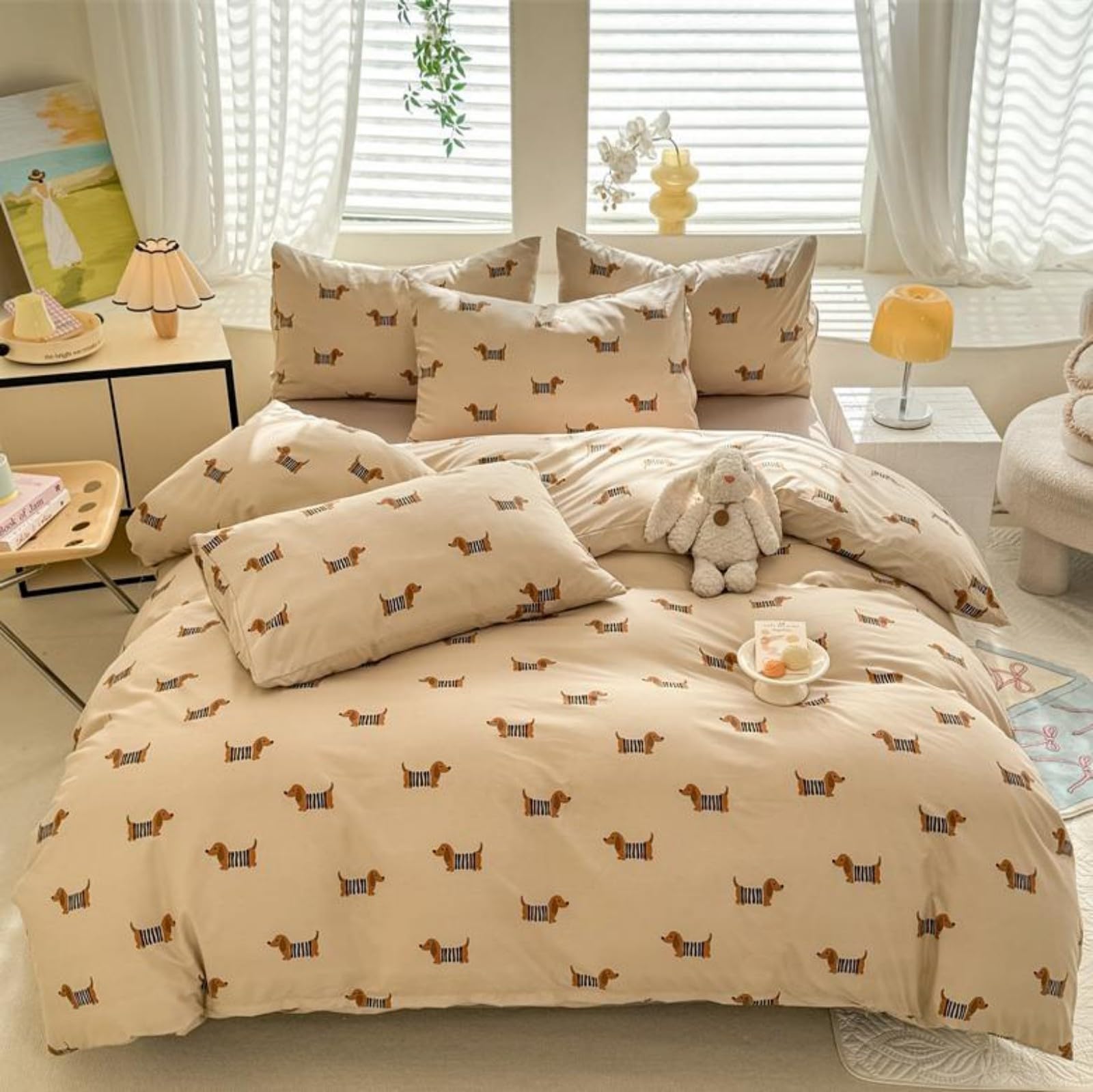 Freyamy Bettwäsche 135x200 4teilig Dackel Khaki Dachshund Bettwäsche Set