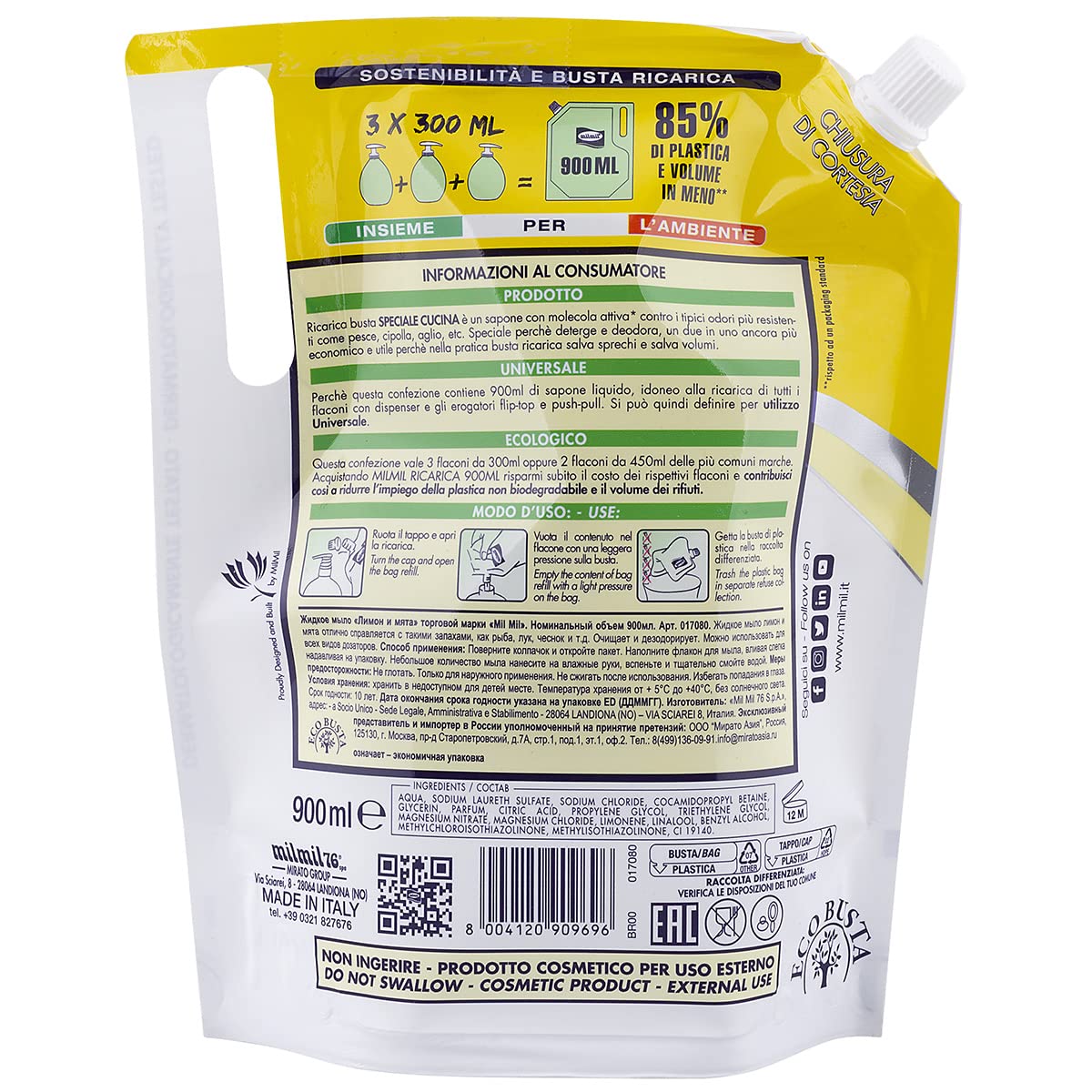 Milmil Sapone Liquido Speciale Cucina, Fragranza Limone & Menta, Formato Ricarica Busta, Detergente Stoviglie con Molecola Elimina Odori, Dermatologicamente Testato - 5 x 900 ML