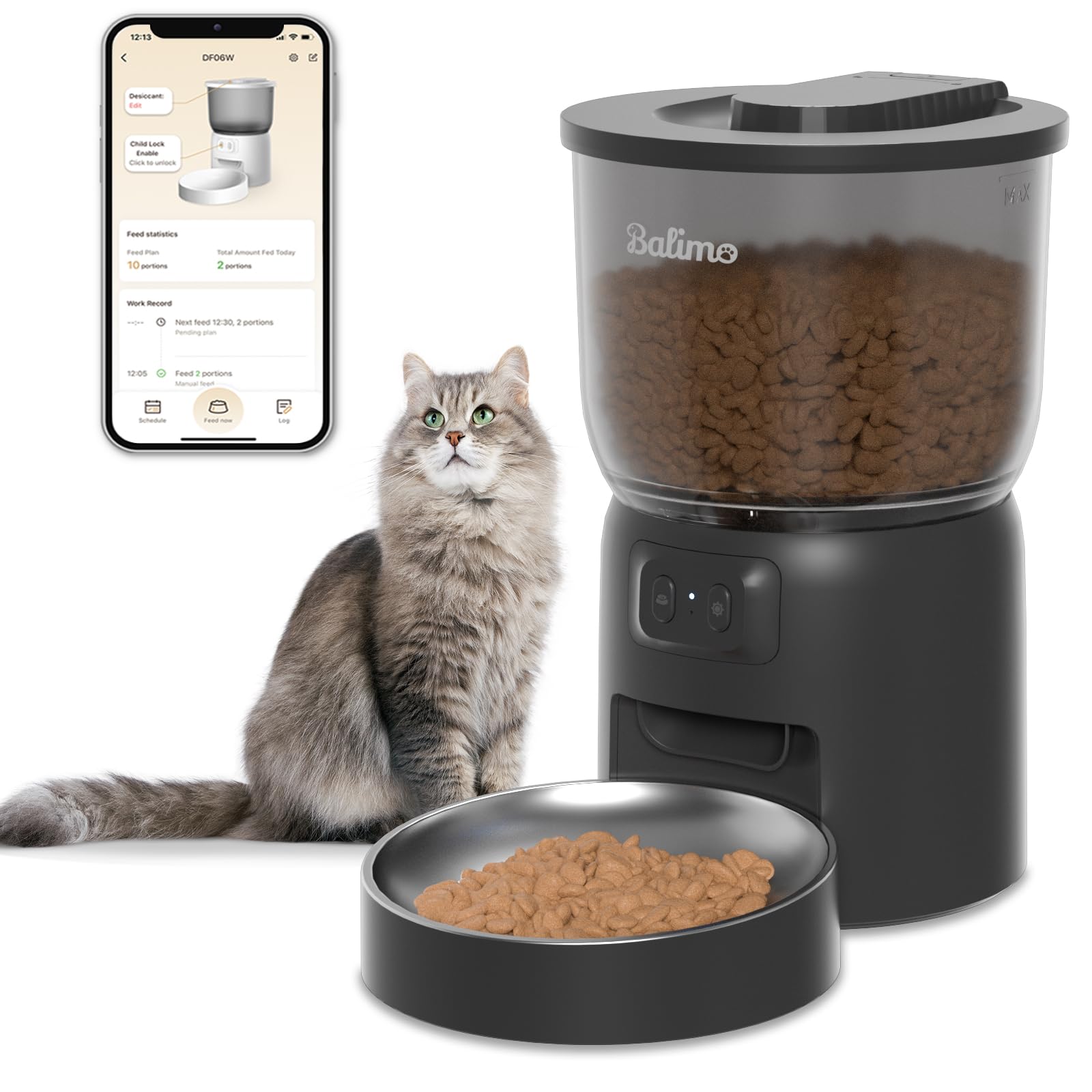 Balimo Comedero Gato Automatico | 3L 2.4G WiFi Dispensador Comida Gatos/Perros | Control de la Aplicación | 1-10 Comidas por Día (Negro)