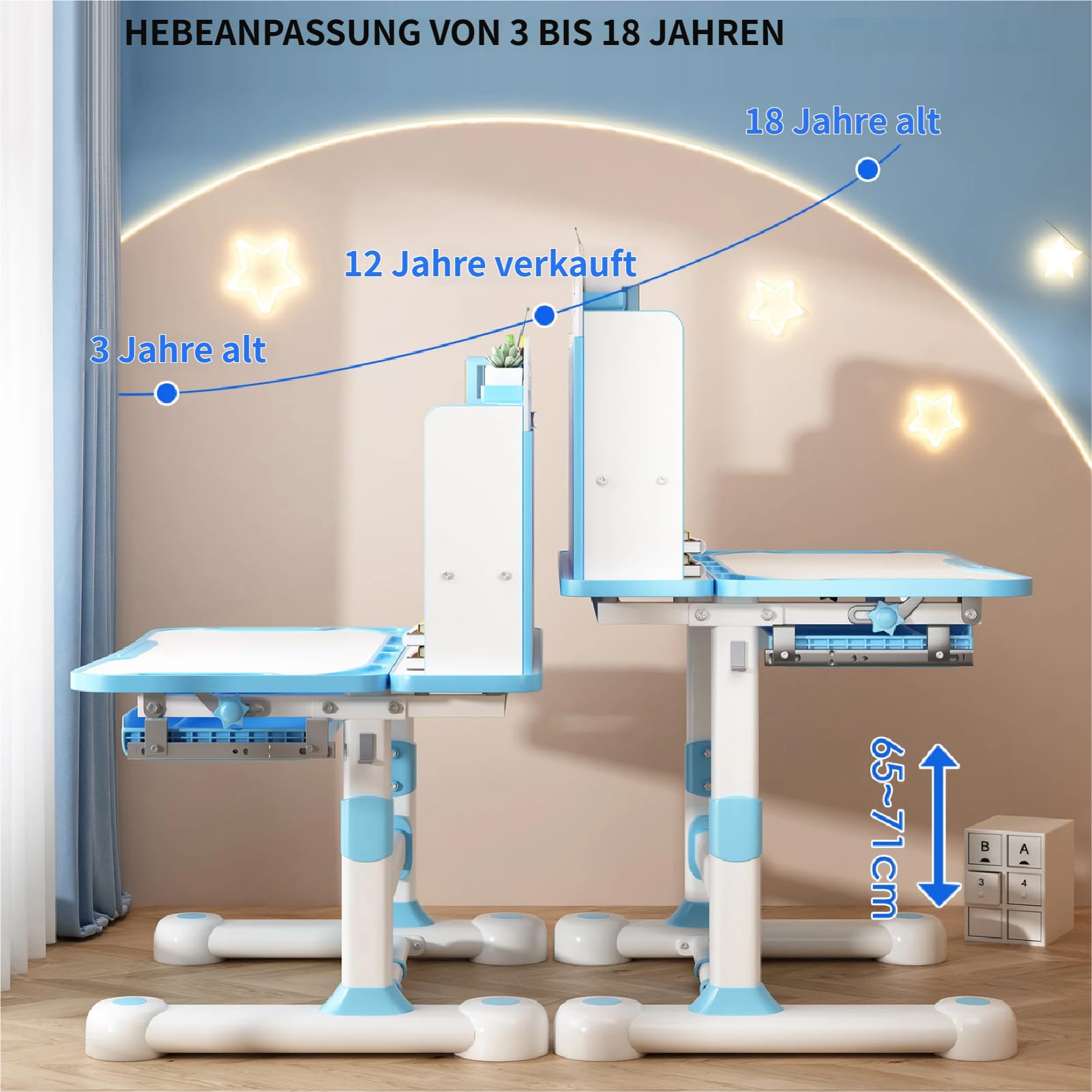 Kinderschreibtisch Set mit Bücherständer, Schüler-Schreibtisch und Stuhl, Kinderschule, Studiertisch mit Schubladenablagen, Bücherregal, Studienstuhl und Schreibtisch für Kinder (Blau)