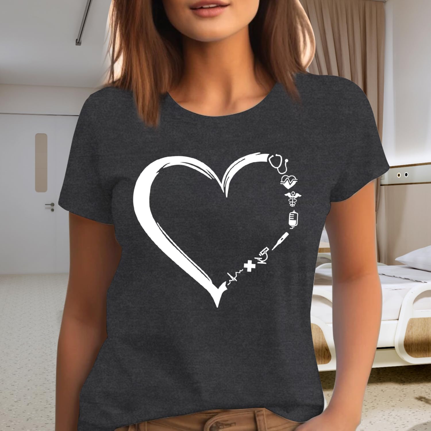 Nurse Shirts for Women School Nurse Stethoscope Heart Print Tshirt Nursing Week Tee Tops - Image 4