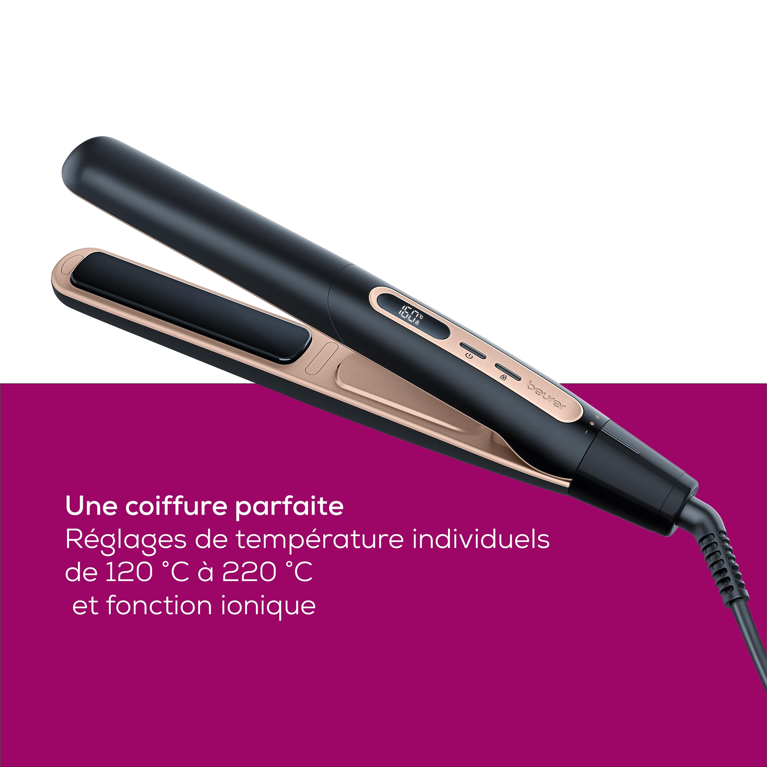 Beurer HS 100 Lisseur avec chauffage rapide en 12 secondes, fer à lisser avec revêtement céramique, fonction ionique pour des cheveux brillants, bords arrondis pour les styles de boucles