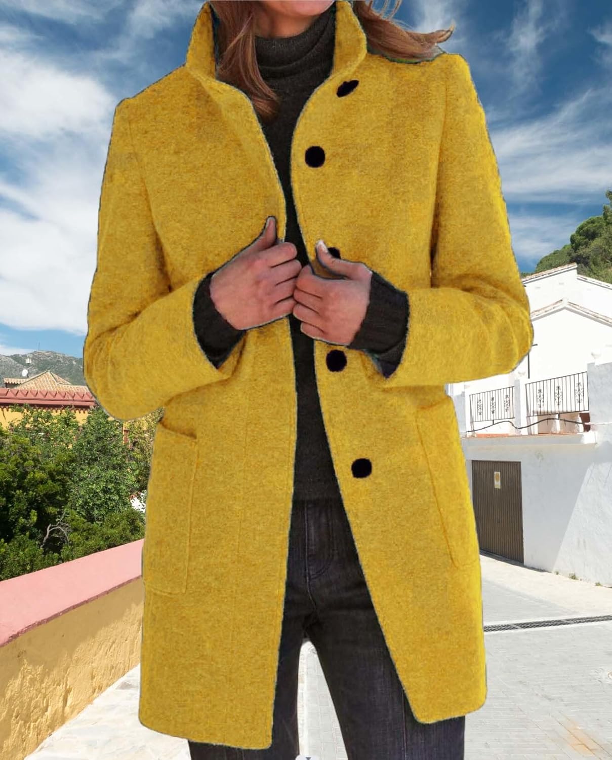 Womens Winter Long Vintage Solid Color Coat Wool Blend Standing Collar Button Thickened Jacket - Image 5