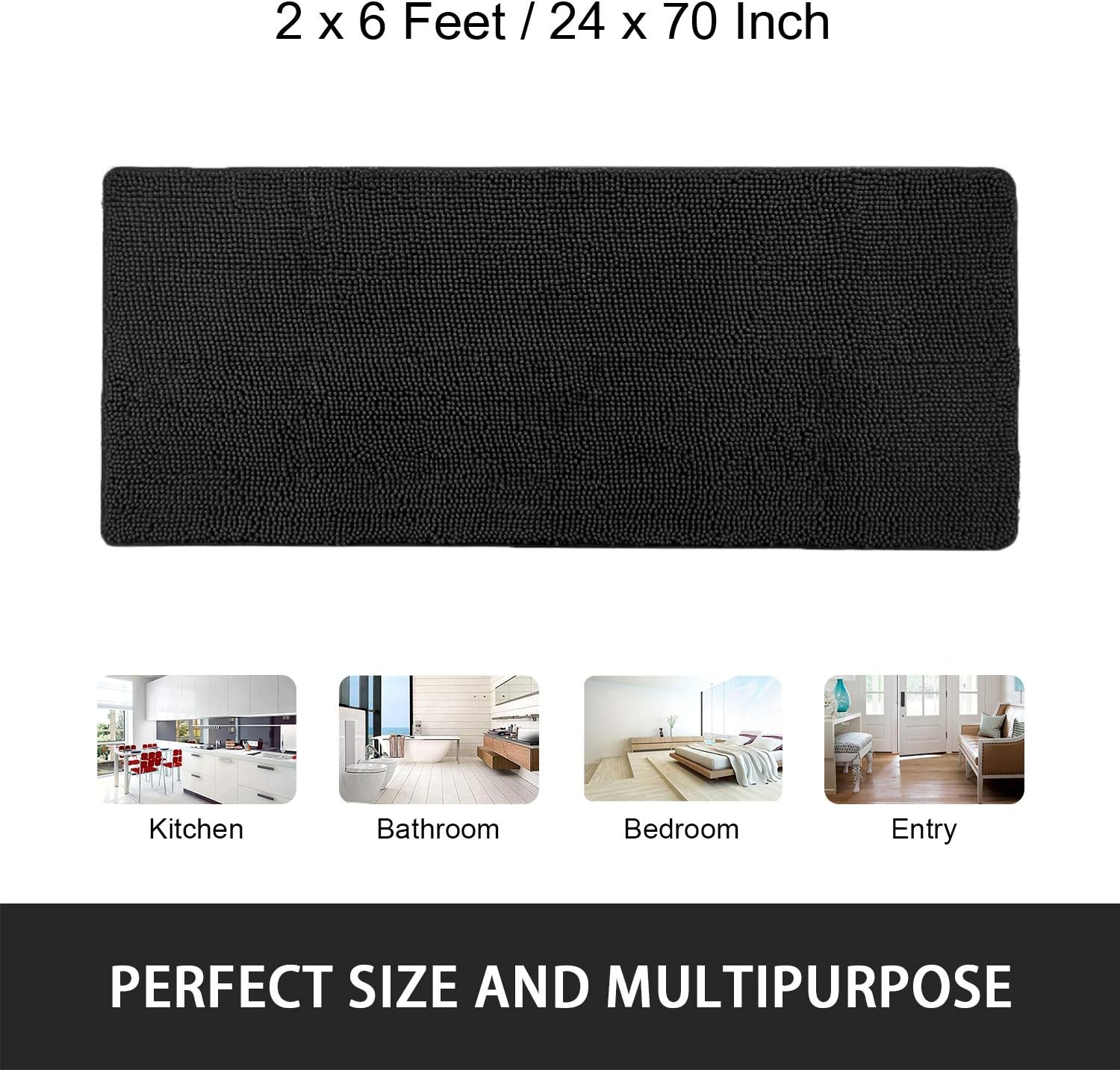 Noahas Bath Rugs 24'' x 70'' Large Runner Bathroom Rug, Soft Luxury Chenille Bathroom Mats with Non-Slip Backing, Throw Absorbent Carpet for Bath Tub/Shower, Machine Washable Durable Rug, Black