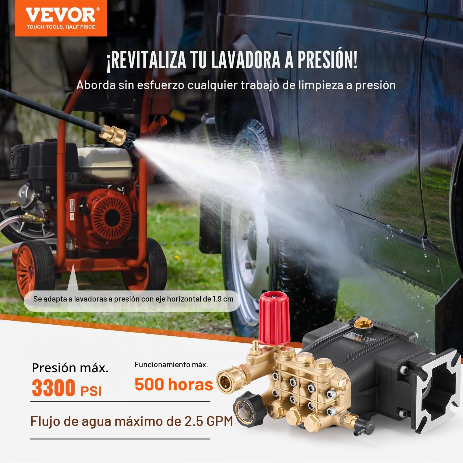 VEVOR Bomba para Hidrolavadora Émbolo Triple Horizontal con Eje de 19,05 mm, 3300 PSI 2,5 GPM, Kit de Repuesto para Hidrolavadora con 5 Boquillas, Compatible con Simpson MorFlex 40224, 40225, 40226