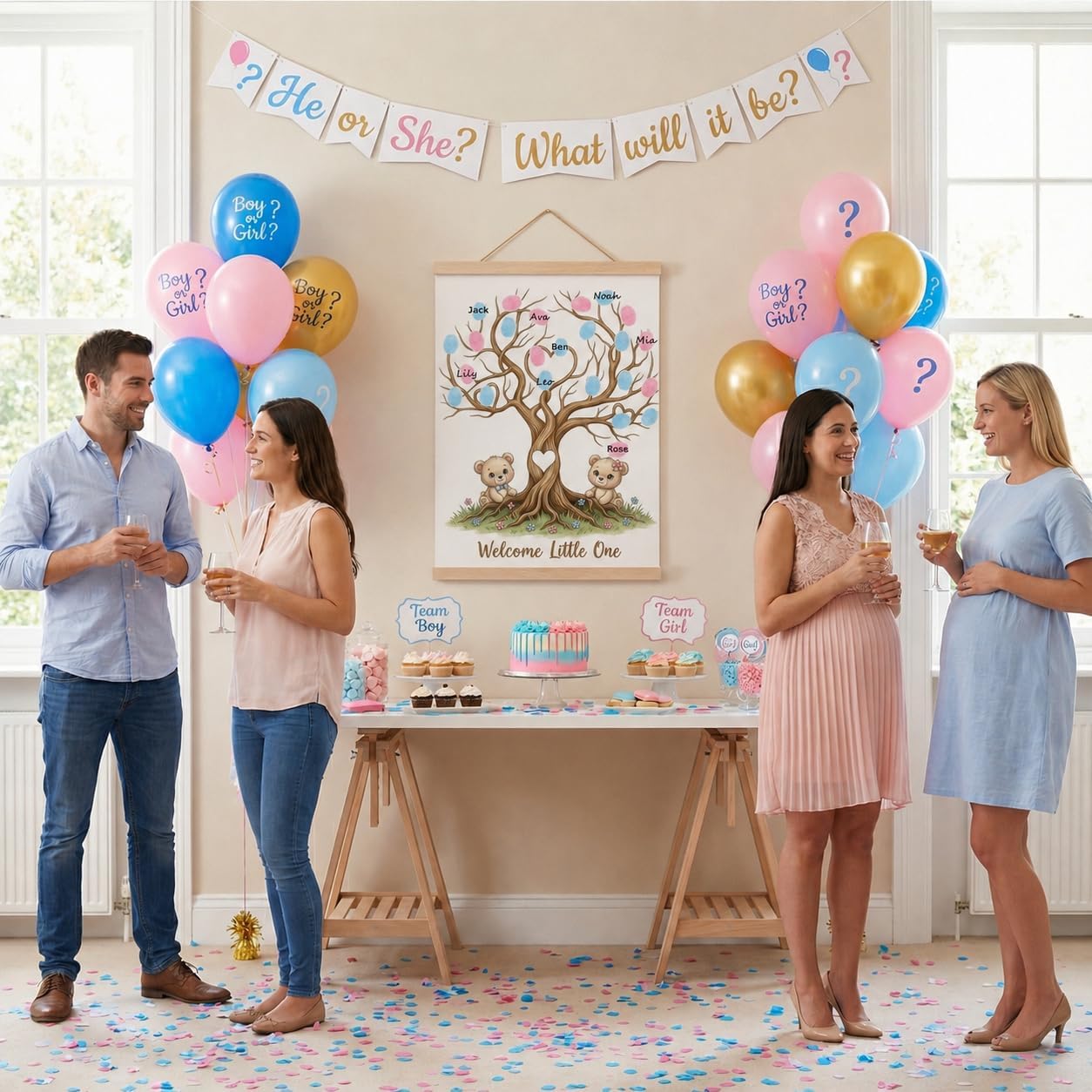 Gender Reveal Decorations Fingerprint Tree Canvas Guestbook, 12x15 Party Sign-in Keepsake Wall Art with Pink & Blue Ink Pads, Teddy Bear Baby Shower Games Guest Book Alternative