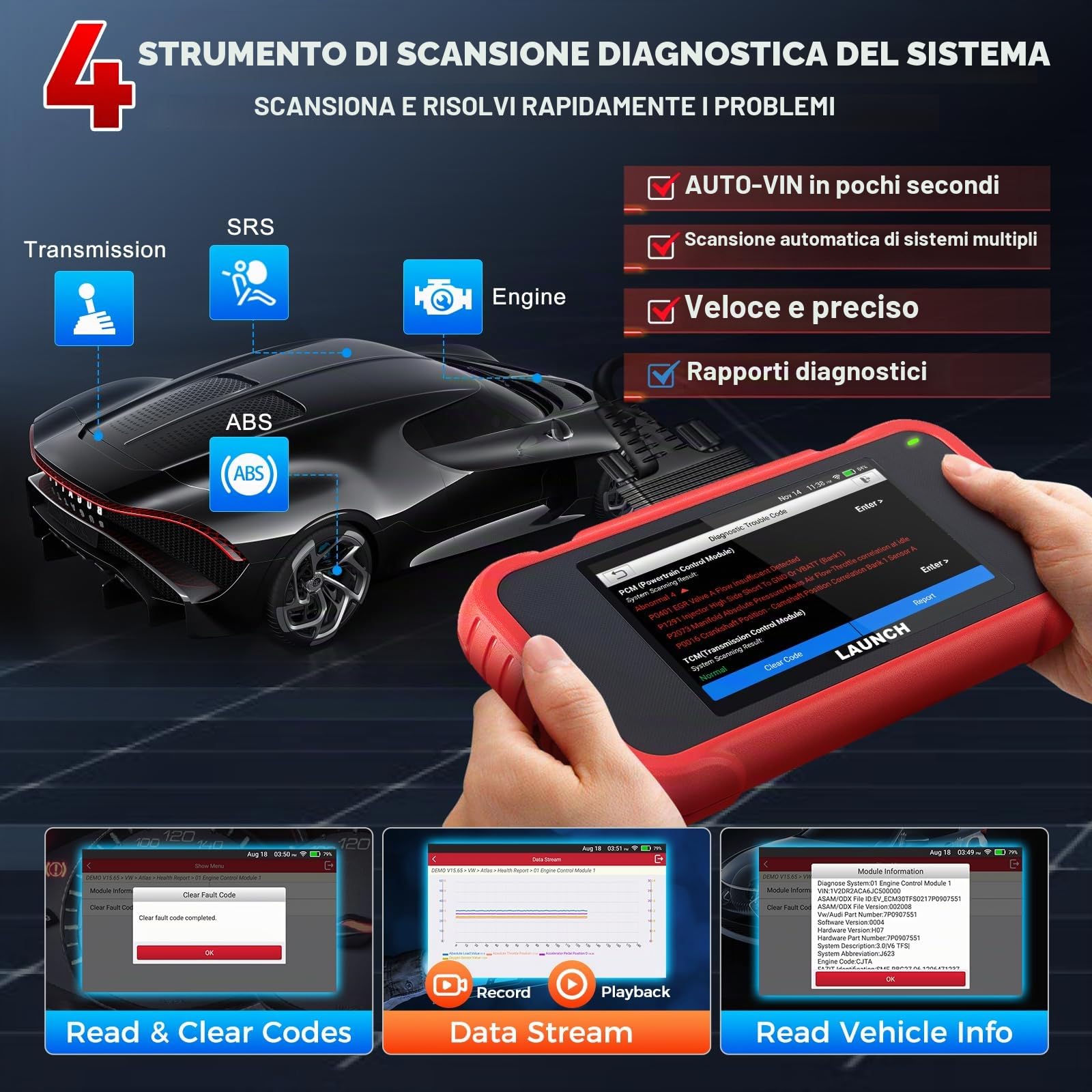 LAUNCH CRP123E V3.0 OBD2 Diagnosi Auto Italiano con 4 Sistemi ABS SRS Motore Trasmissione, 7 Reset EPB Dpf ABS BMS Olio SAS Acceleratore, Diagnostica Auto Professionale CANFD DOIP Aggiornamenti WiFi