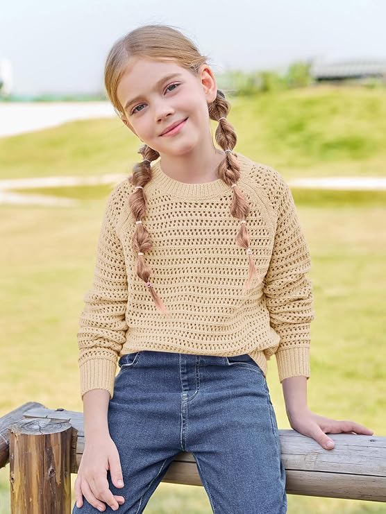 Girls Knit Sweaters Kids Fashion Chunky Crewneck Pullover Jumper Tops 5-14 Years