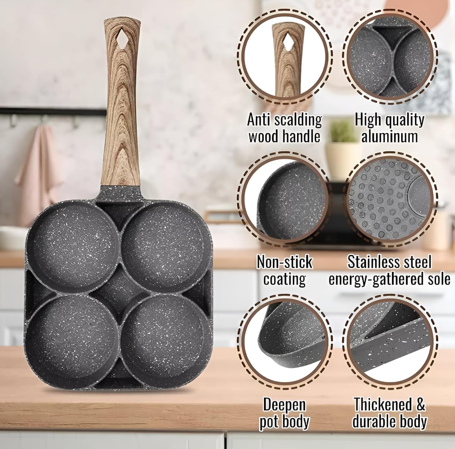 SARNESHWERAM 4-Section Cast Iron Pancake and Egg Pan with Wooden Handle, Non-Stick Coating, Black 3