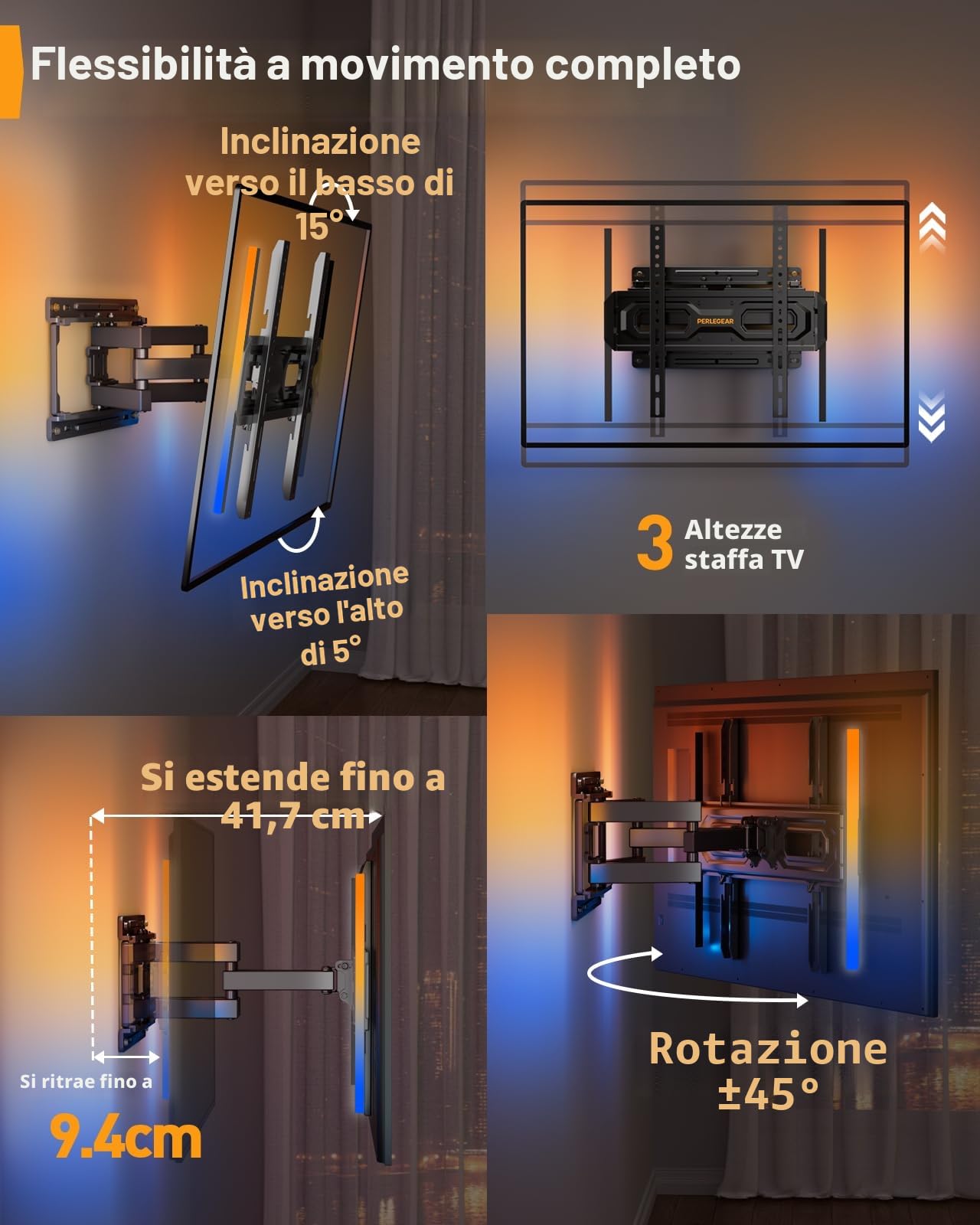 Perlegear Supporto TV Parete, con Luci LED per TV da 26 a 65 Pollici Fino a 45 kg, VESA Max 400x400 mm, Rotazione Estensione Inclinazione e Retroilluminazione Musicale PGMF20