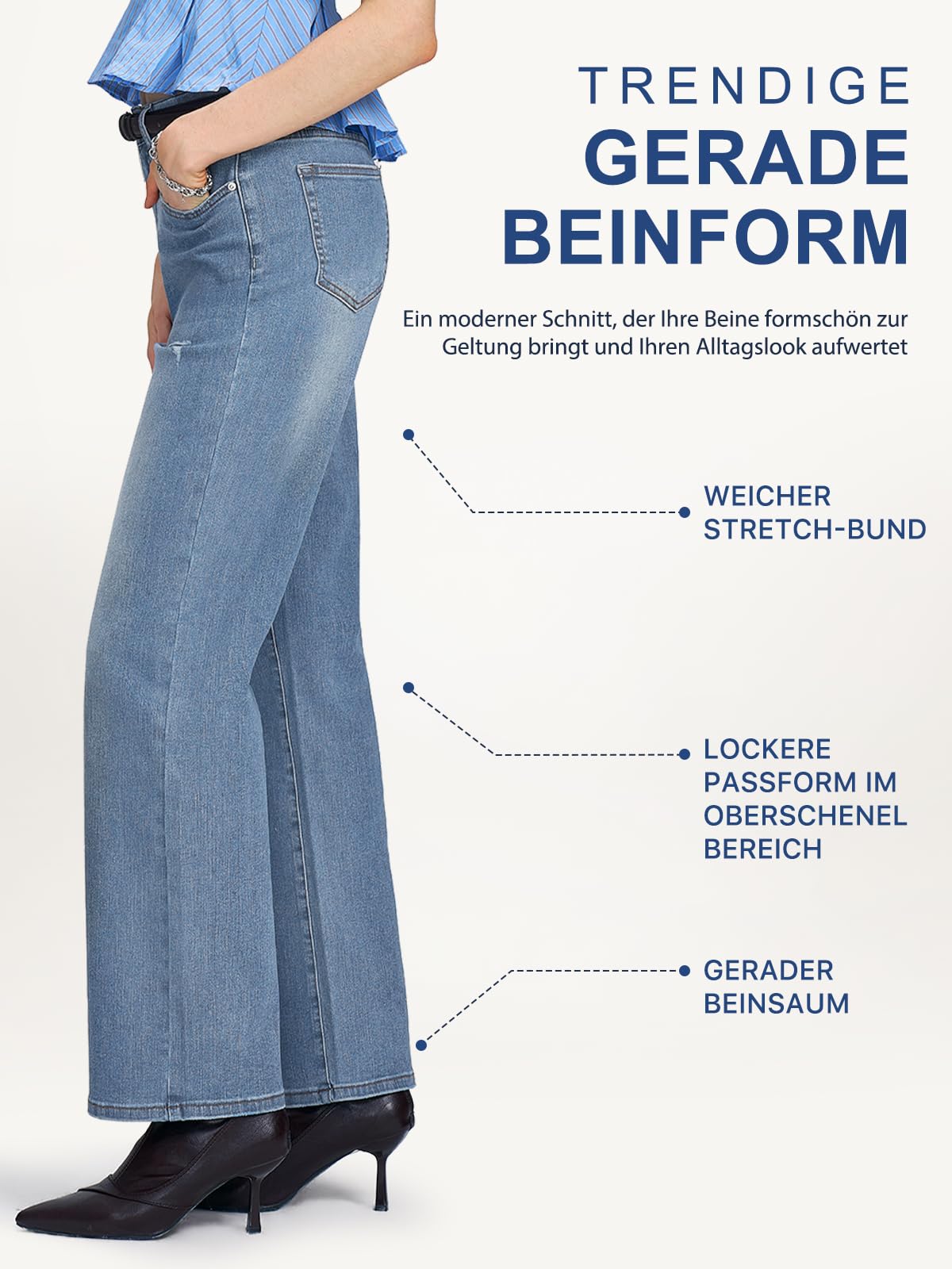 Jeans Damen,High Waist Stretch Straight Cut Jeans,Wide Leg Boyfriend Female Jeanshose,Gerade Geschnitten Denim Hose