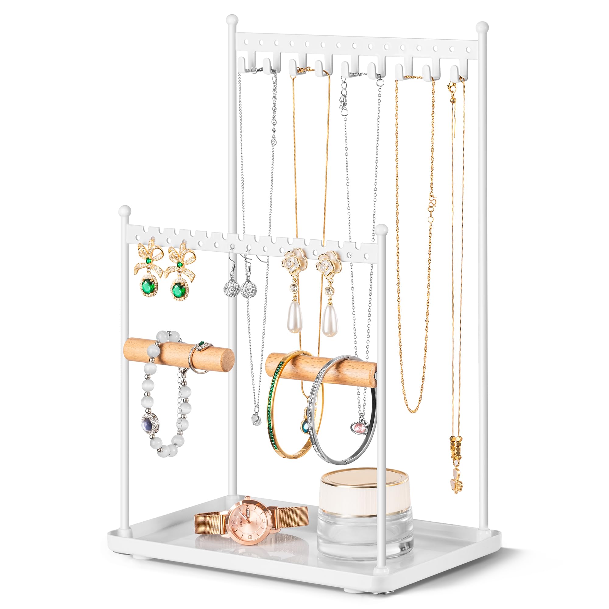 Jewelry Stand Necklace Holder Organizer – 3-Tier Jewelry Display Rack with Storage Tray – Holds 22 Pairs of Earrings, Bracelets, Rings, Necklaces – Gift for Girls & Women, White