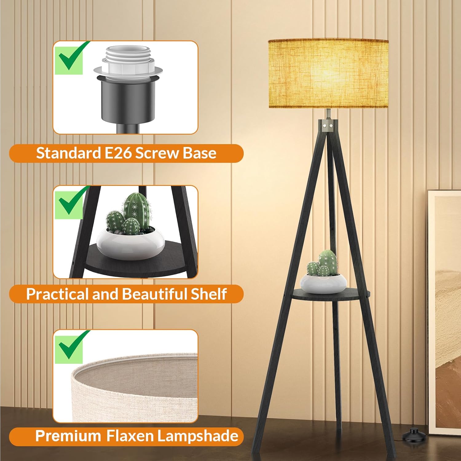 LEPOWER Tripod Floor Lamp, Mid Century Wood Standing Lamp, Modern Design Shelf Floor Lamp for Living Room, Bedroom, Office, Flaxen Lamp Shade with E26 Lamp Base Black