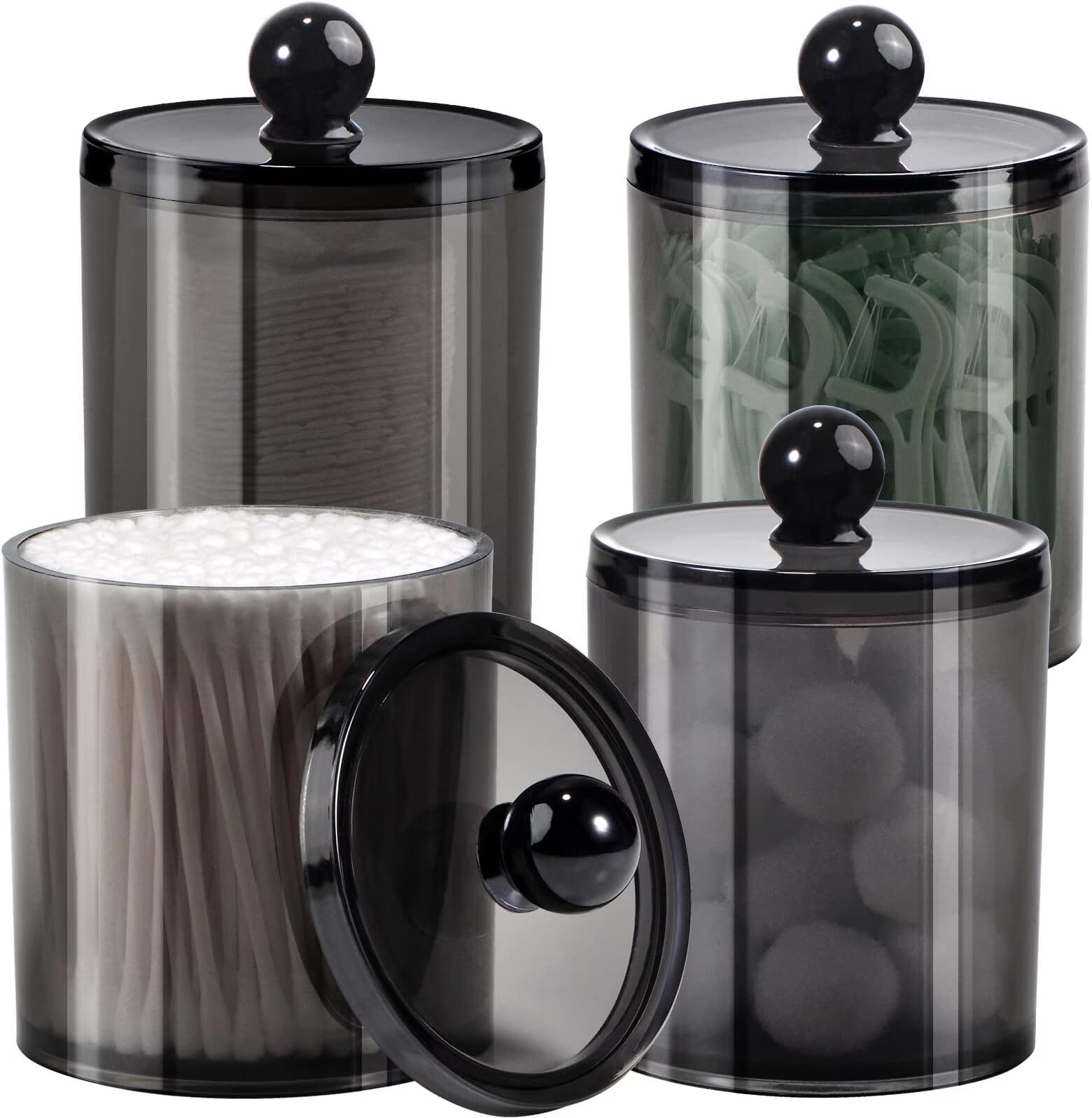 SheeChung 4-Pack Qtip Holder,Mixed Sizes Black Acrylic Apothecary Jars with Lids - (2) 12oz & (2) 10oz Qtip Holder Set - Shatterproof Bathroom Vanity Organizer for Cotton Swabs,Balls,Pads