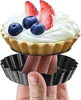 Vista 2 de Sartenes Quiche de 4 pulgadas con fondo extraíble, antiadherentes, lados estriados, mini sartenes para tartas, forma redonda, juego de 6