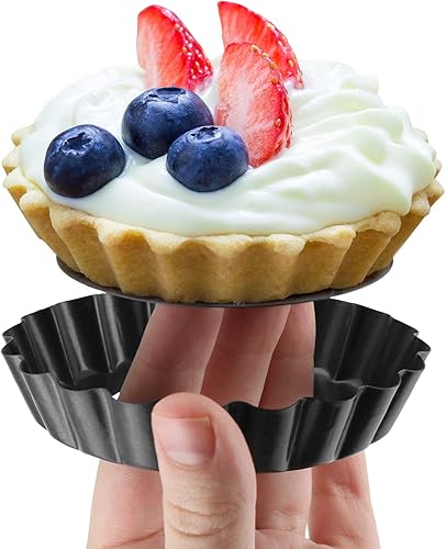 Miniatura 2 de Sartenes Quiche de 4 pulgadas con fondo extraíble, antiadherentes, lados estriados, mini sartenes para tartas, forma redonda, juego de 6