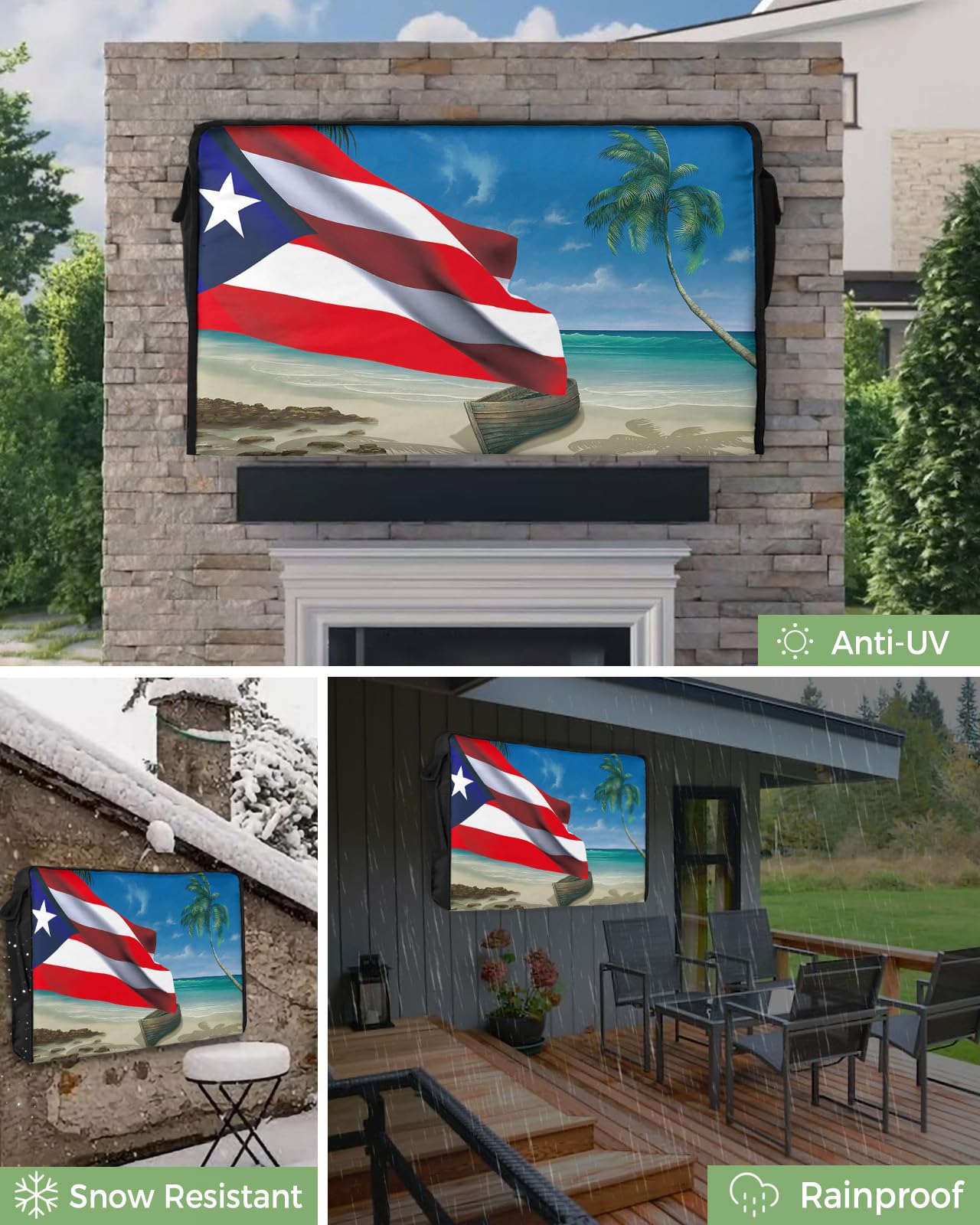 Big buy store 4th of July Outdoor TV Cover 65 Inch Puerto Rico Flag TV Enclosure Independence Day Coco Tree Beach TV Covers for Outside TV Display Screen Protector with Remote Control Pocket